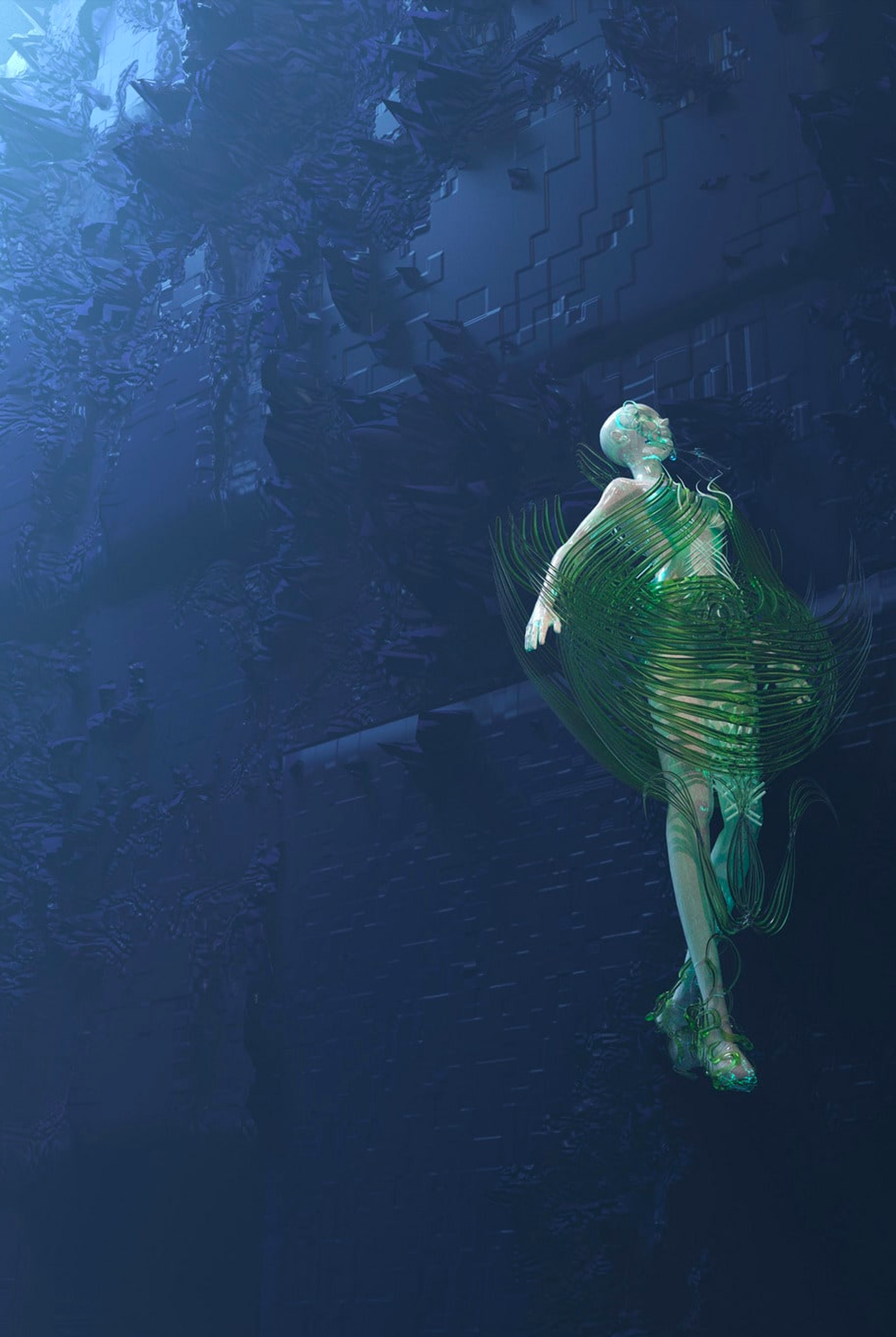  An image of a hairless, all-white female figure, wrapped in a green net of long strands and floating in what looks like deep ocean, next to a large, crumbling deep blue structure, by Peiyi Liang.