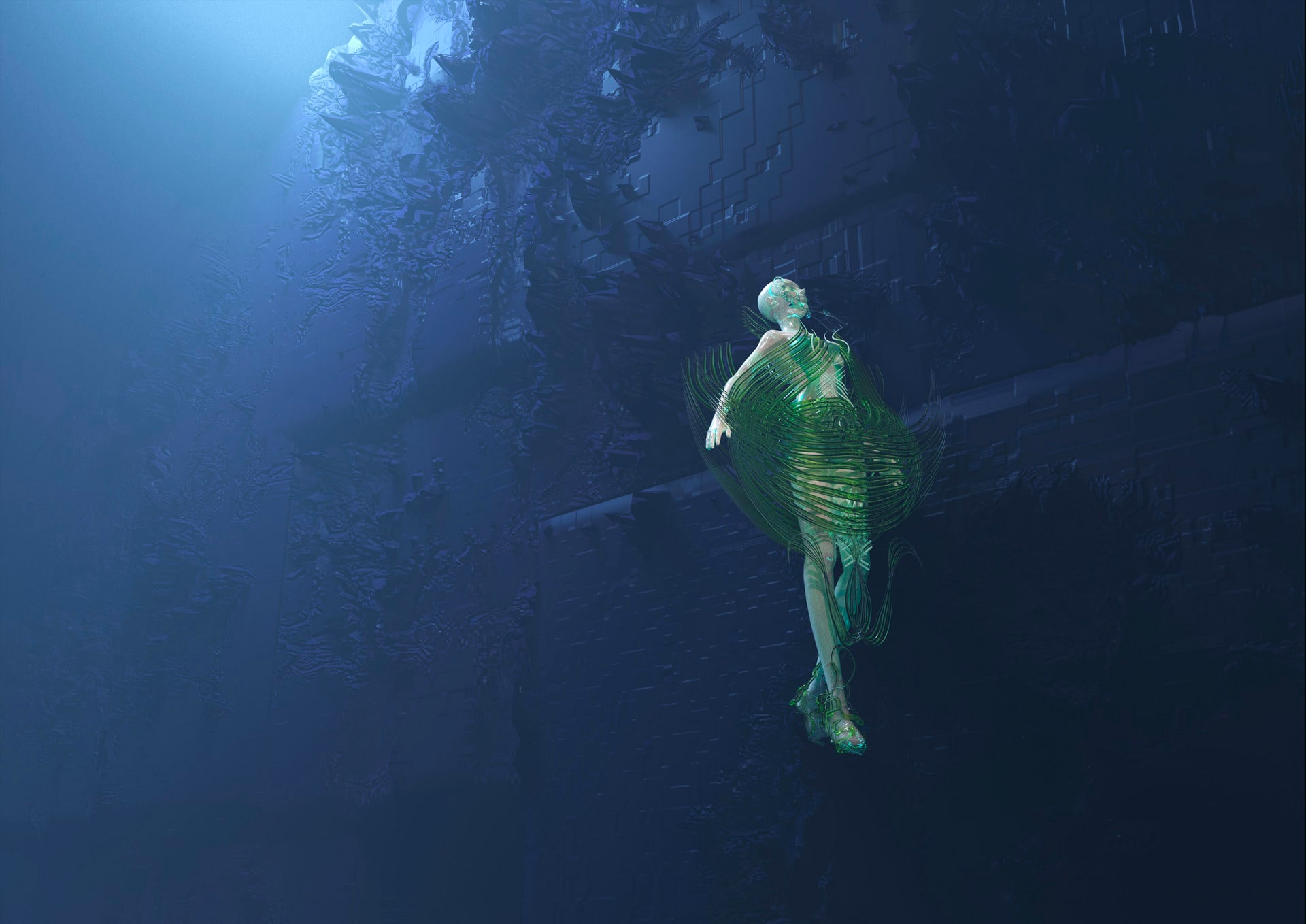 An image of a hairless, all-white female figure, loosely wrapped in a green net consisting of long strands and floating in what looks like deep ocean, next to a large, crumbling deep blue structure.