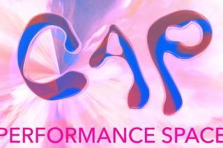 Image of the letters C, A and P in curvy lettering, and pink text reading 'Performance Space', on top of a blue and white swirly background.