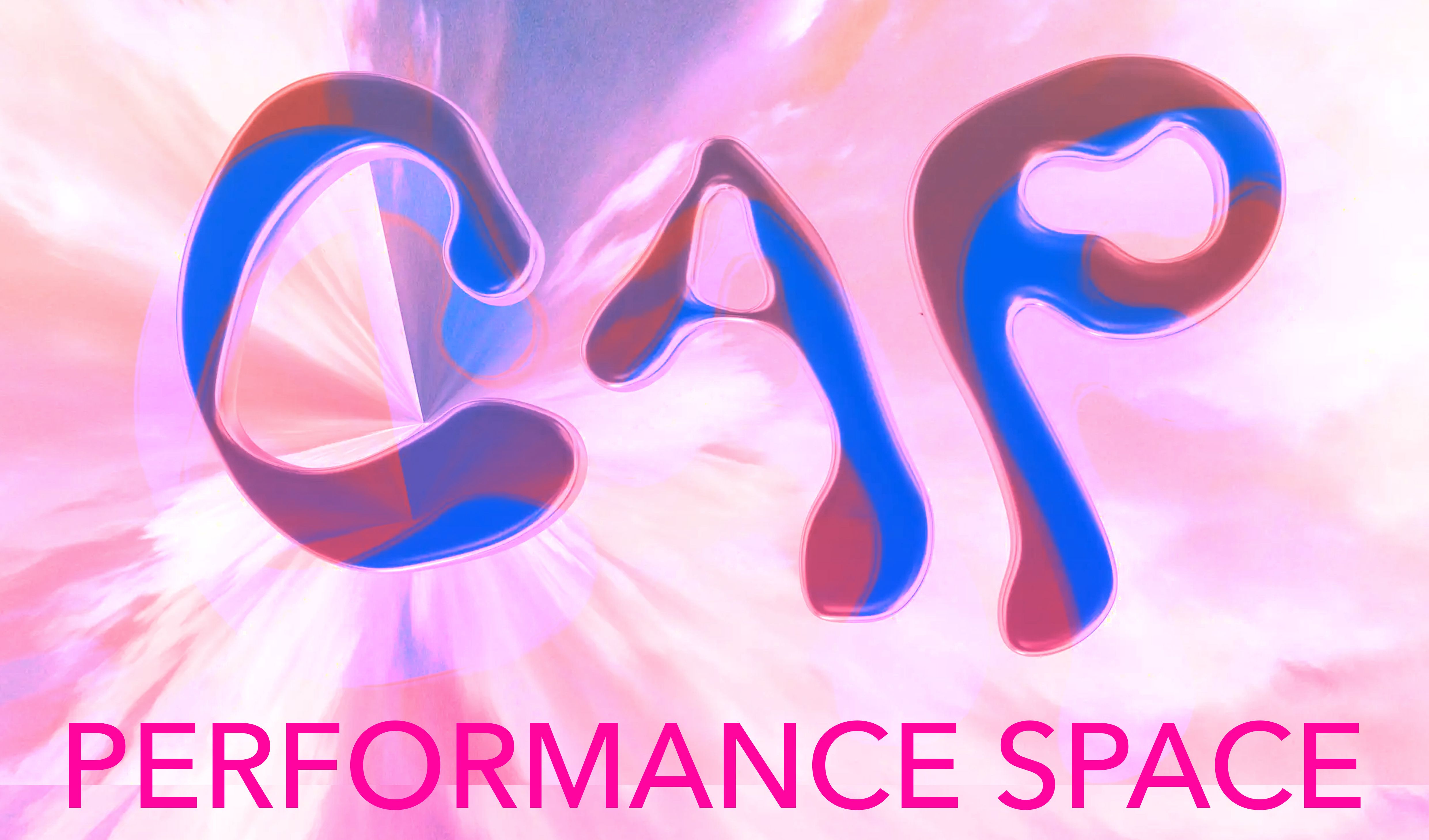 Image of the letters C, A and P in curvy lettering, and pink text reading 'Performance Space', on top of a blue and white swirly background.