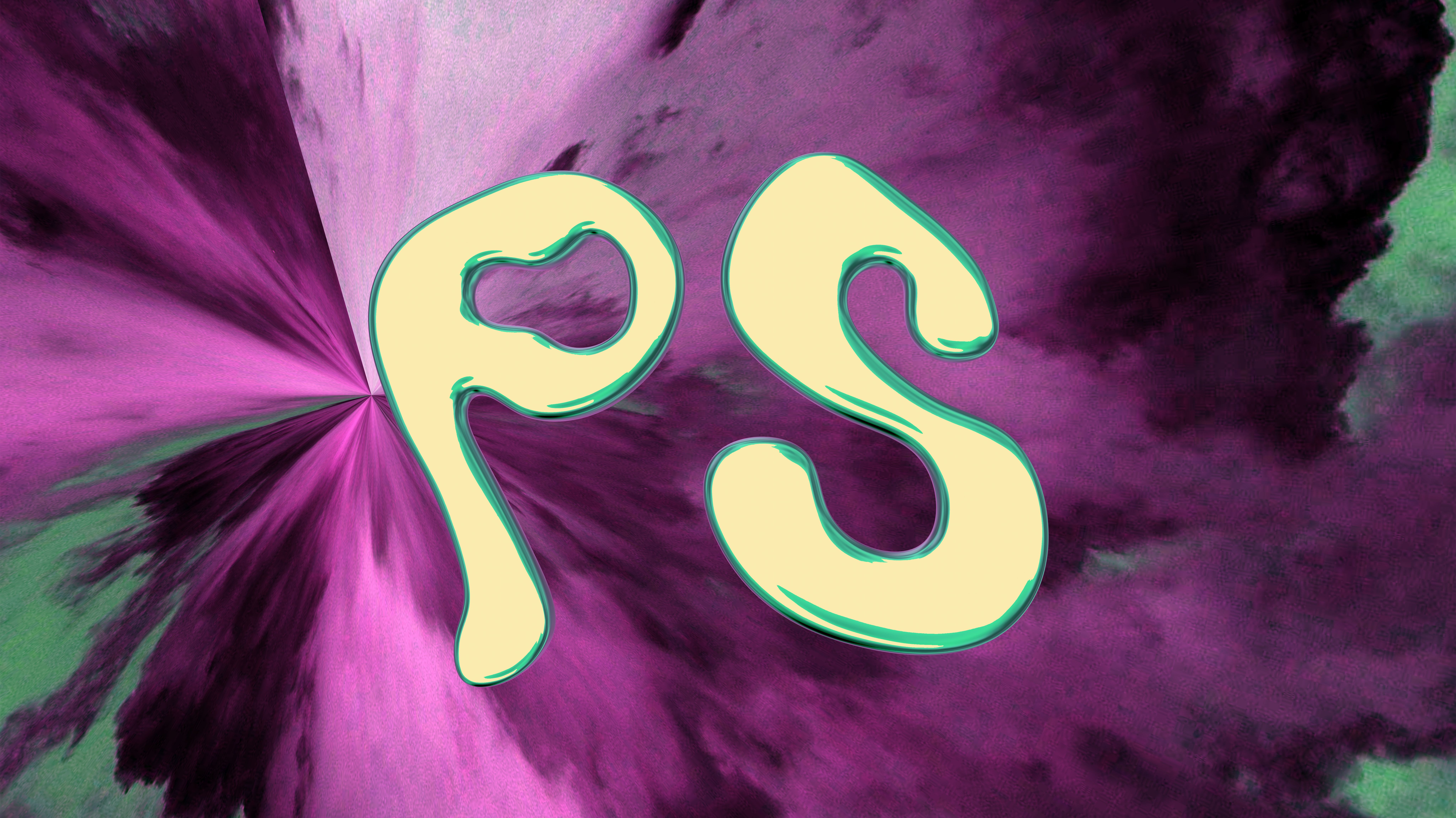 Image of the letters P and S in yellow, outlined in green, on a swirly purple and green background.
