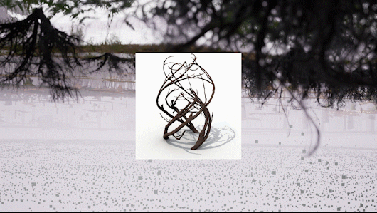 A white square image of some bended twigs on top of a large rectangular image of what looks like a snowy landscape with some tree branches in the foreground.