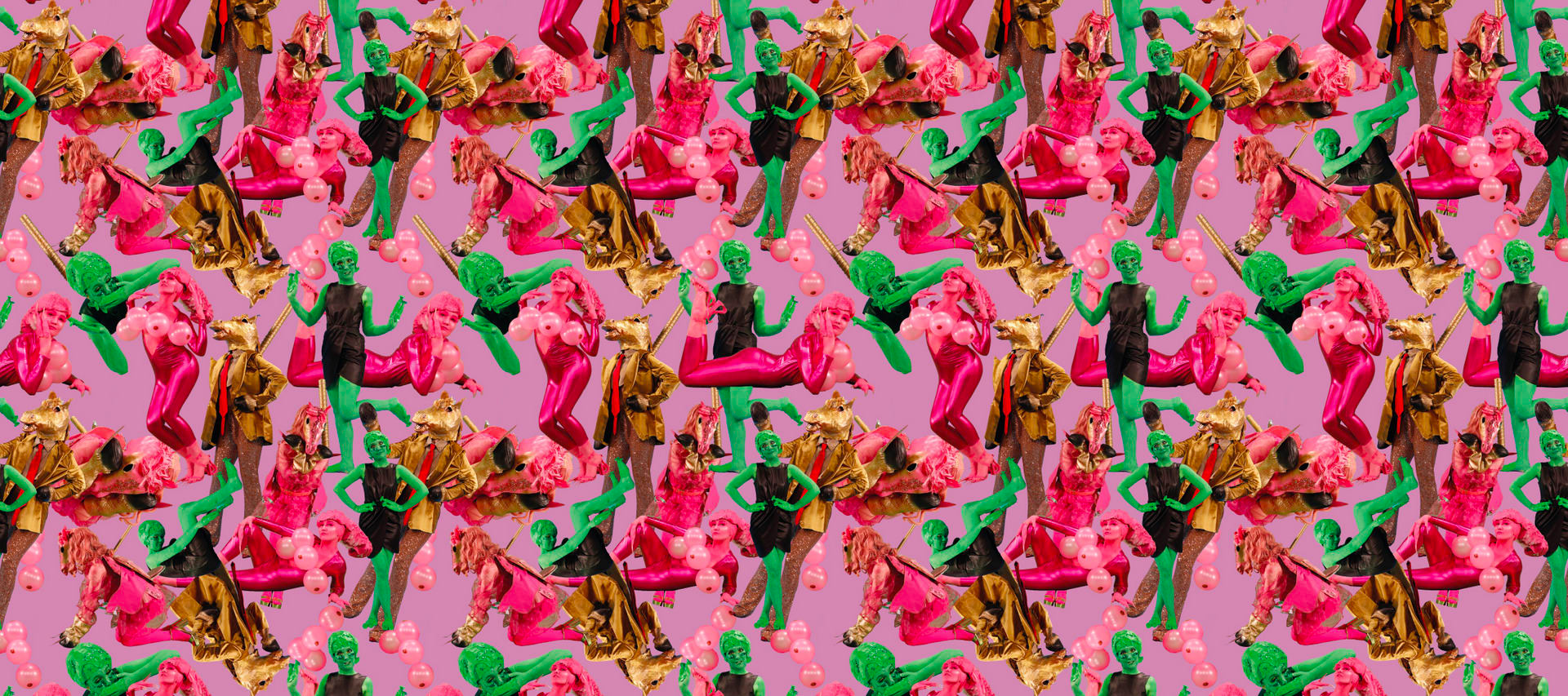 Image of lots of tiny photographs of figures in pink, green and gold, in a repeat pattern, over a pink background.