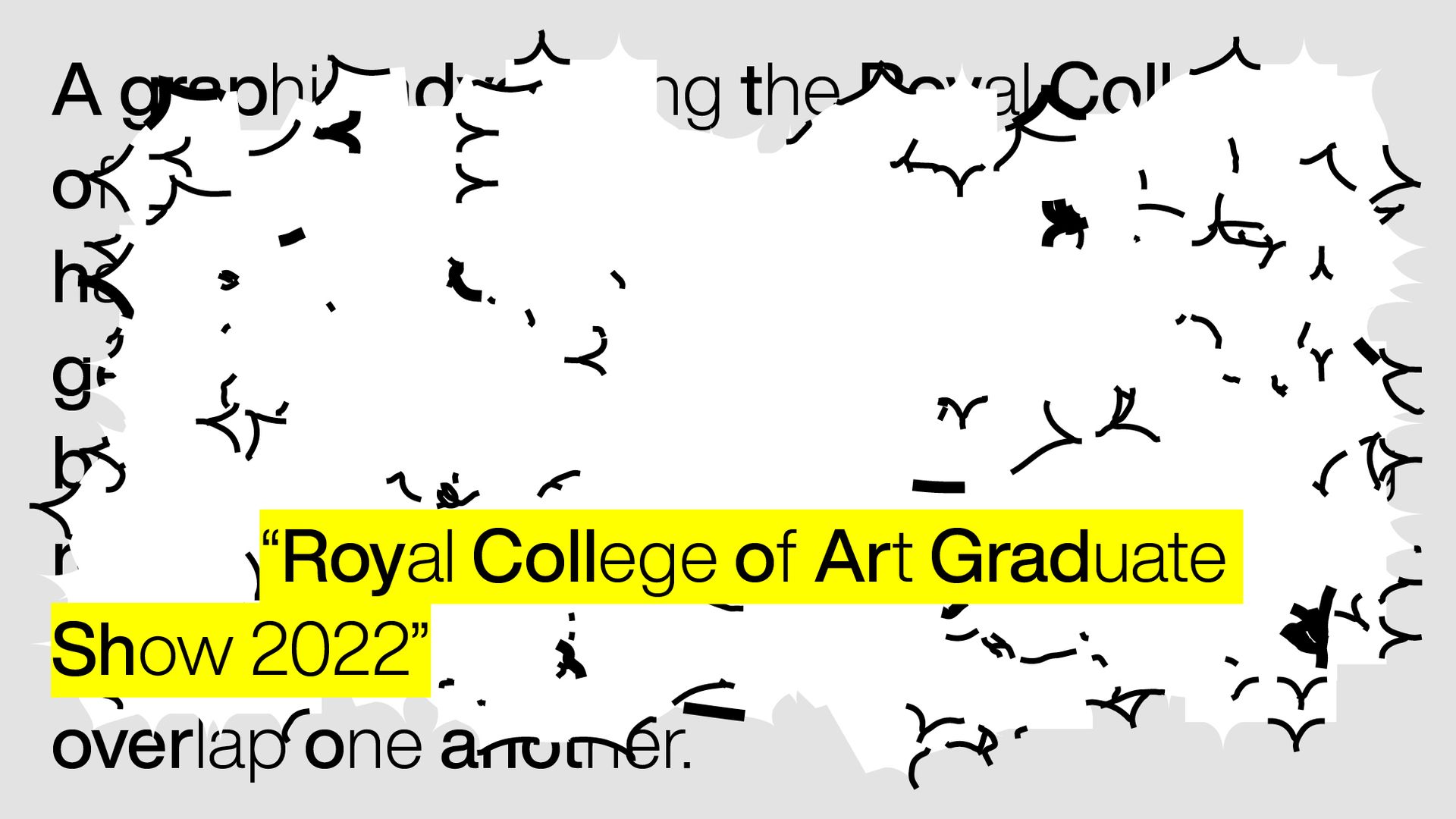 Black text on a light grey background is obscured by spiky cloud-like white graphics outlined in black. In black text highlighted in yellow text reads: “Royal College of Art Graduate Show 2022”.
