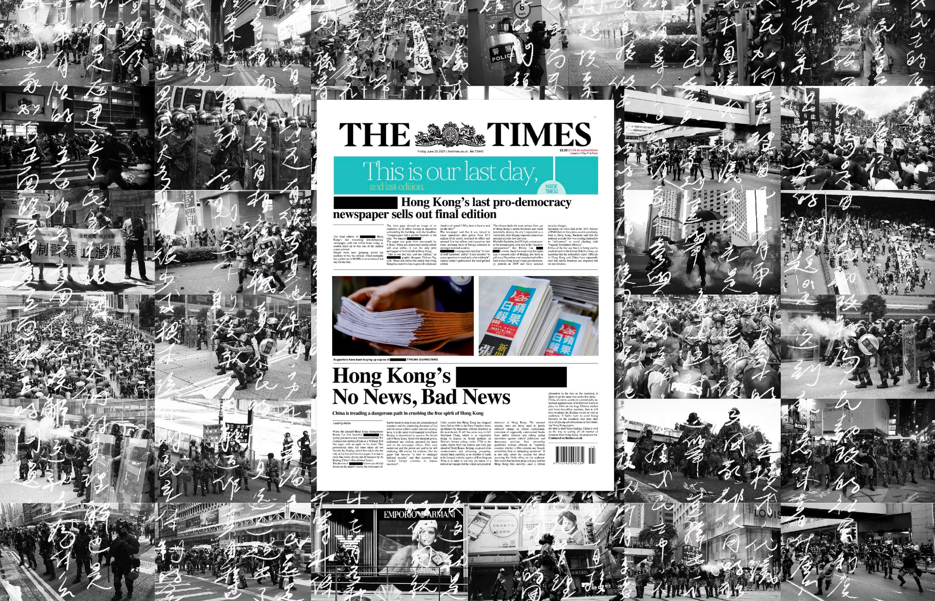 Image of a front page of The Times newspaper, set over the middle of a background collage of multiple black and white photographs.