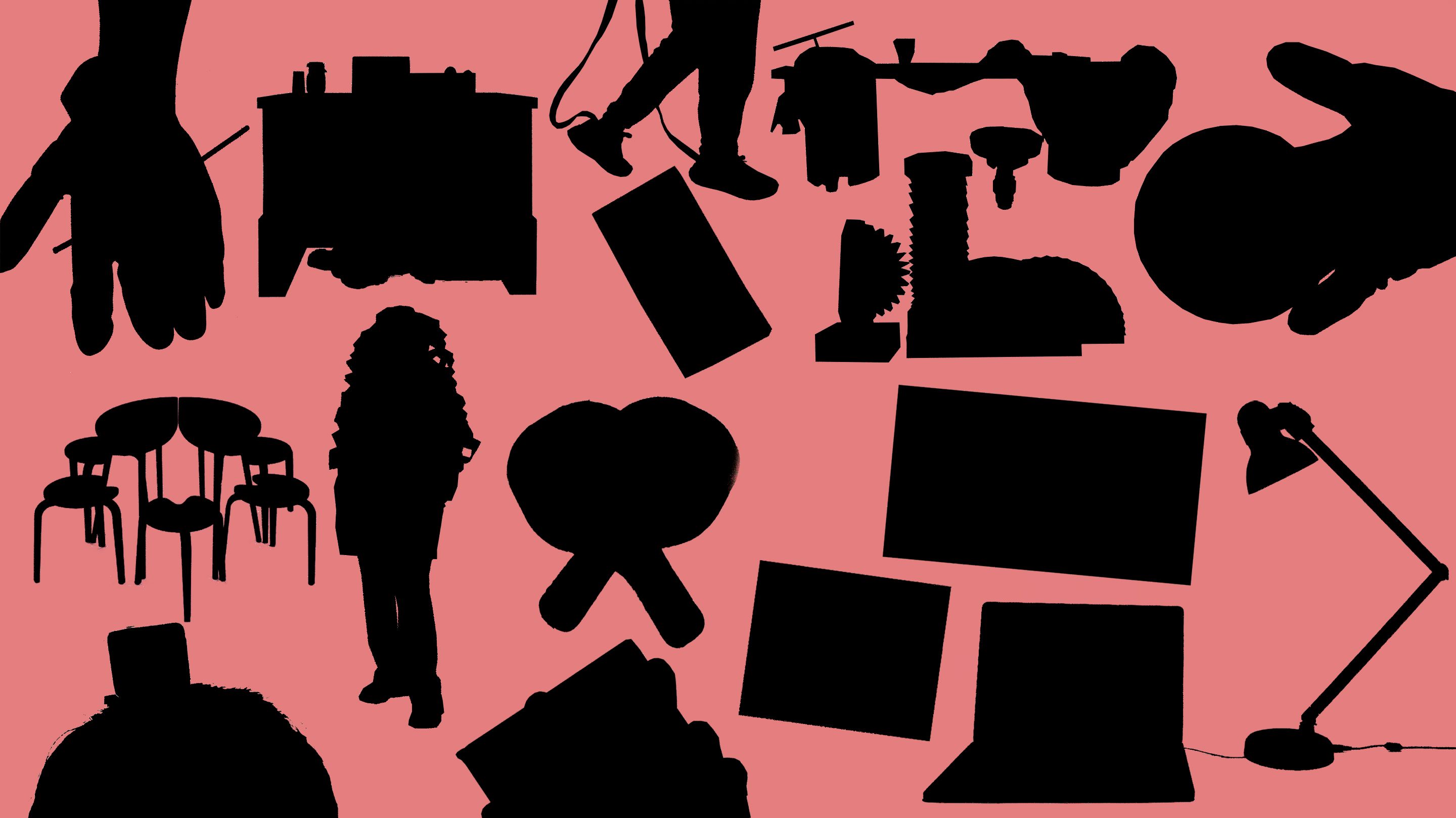  Numerous black silhouettes of people and objects, including a desk lamp and an open laptop, on a salmon pink background