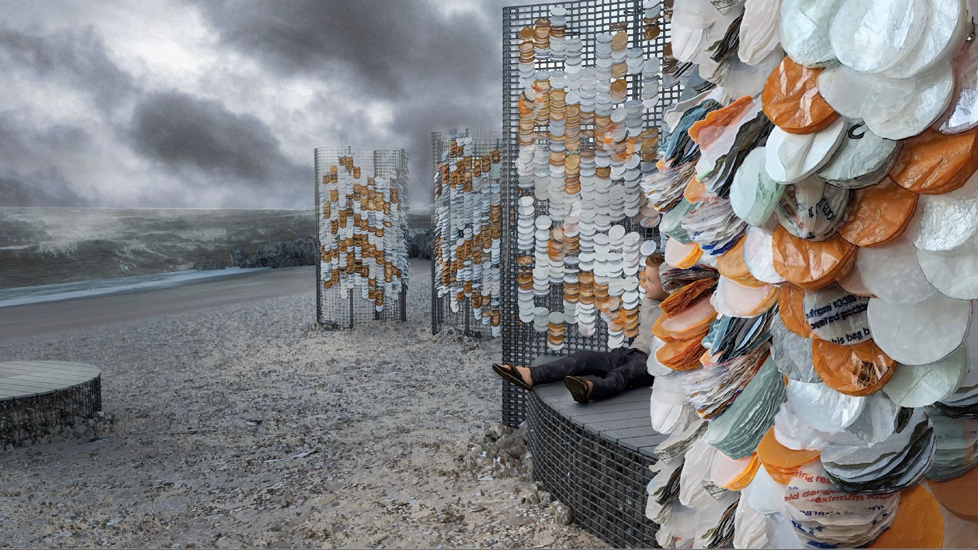 A photograph of tall metal grids covered in discs made from mostly orange and white plastic bags, displayed on a beach. A small child sits next to one.