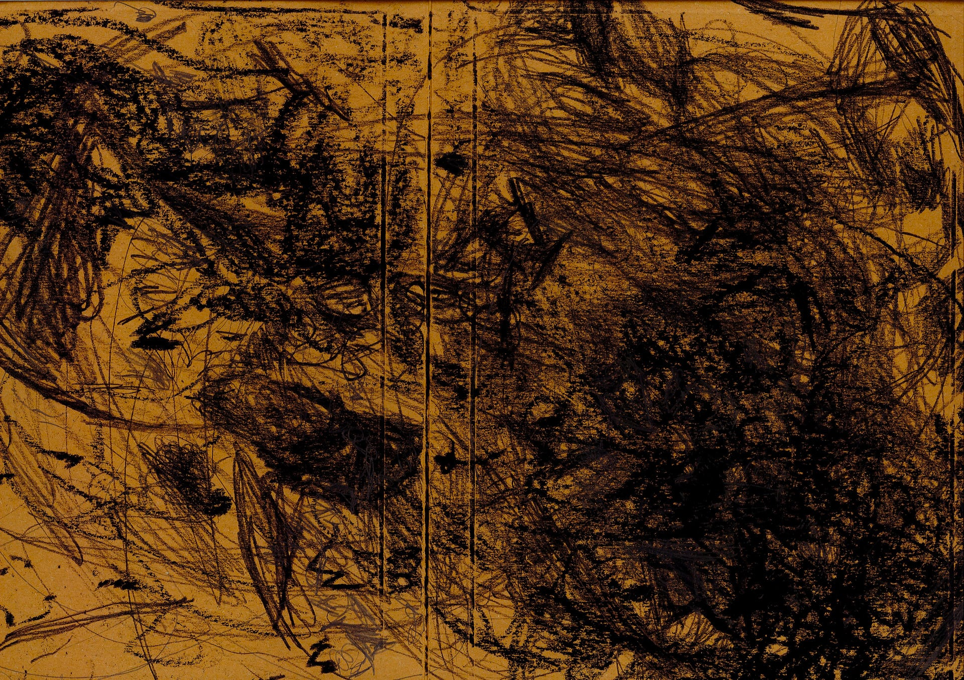 Image of black lines, scribbles and smudges of varying thicknesses, on a dark ochre background.   