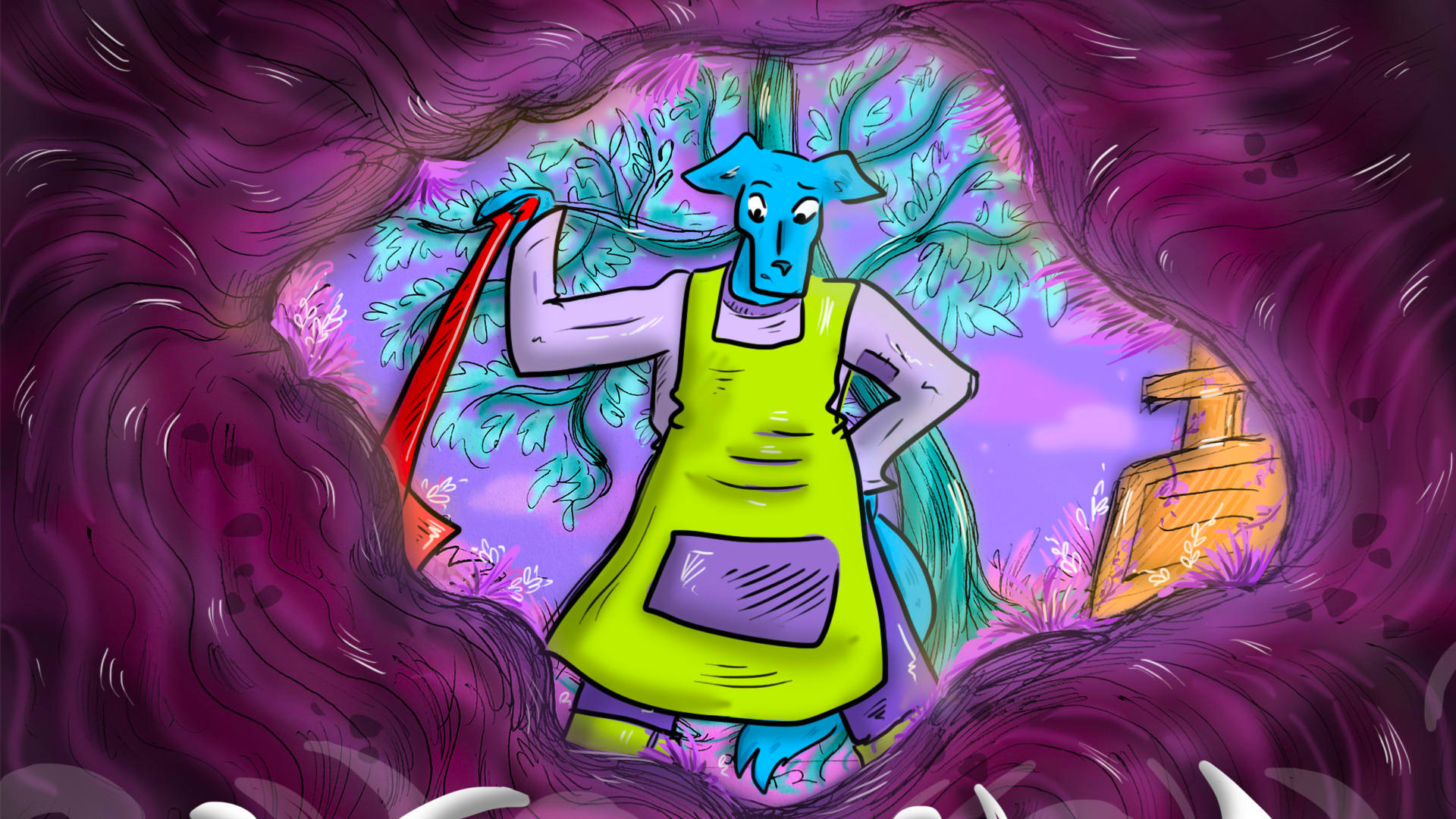 A blue anthropomorphic dog in a green tabard apron stood in the centre of the image looking into a curved purple opening, which borders the whole the image.