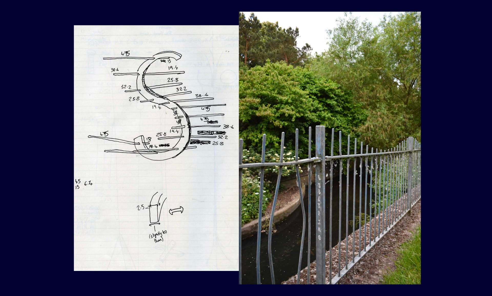 Image of a hand drawn plan, featuring an S shape on lined paper, next to a photograph of a metal railed fence, running along side water, with trees in the background.