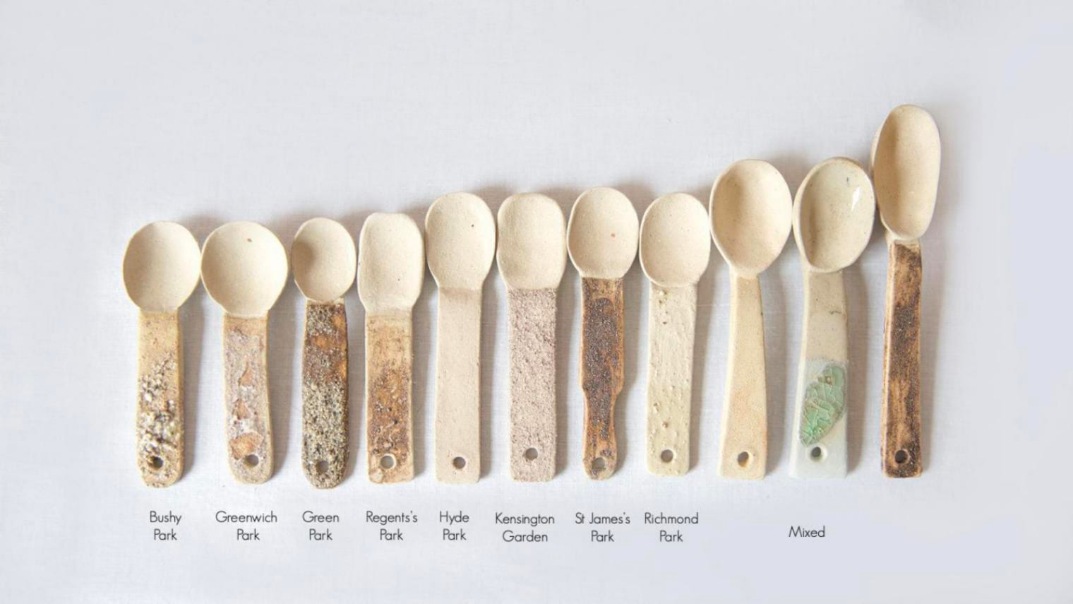 Photograph taken from above, of a row of rustic-looking wooden spoons, getting bigger from left to right, and with text labels under each, on a cream background.