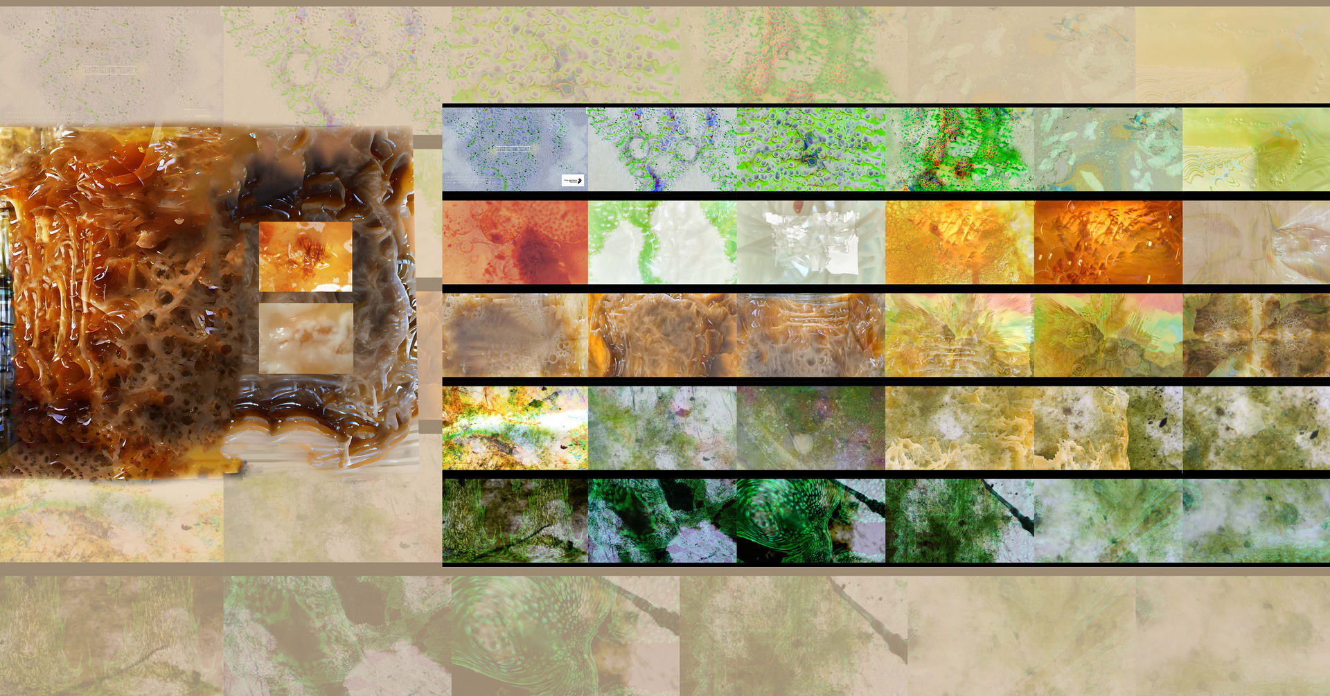 Image of various smaller images in different sizes, some laid out in a grid, some on top of a larger image, over a background of a translucent version of the grid of smaller images. 