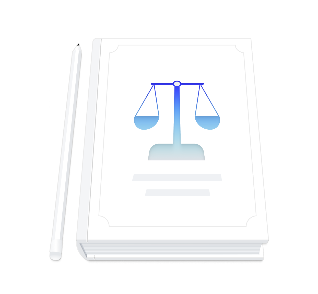 A white book with a blue justice scale icon on the cover, accompanied by a white pen.