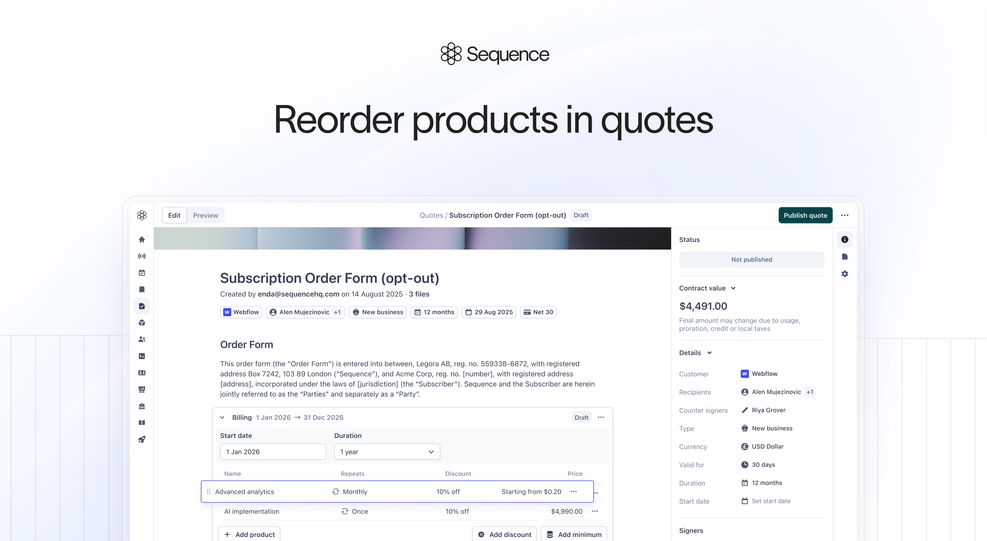 Reorder products in quotes