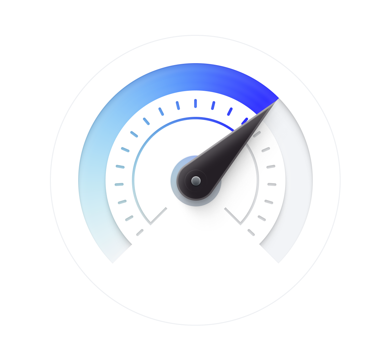 A speedometer with a black needle pointing towards the upper range, set against a white circular background and a gradient blue arc indicating speed levels.