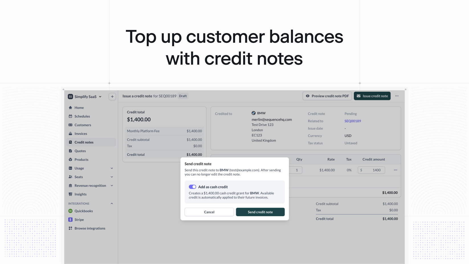 Top up customer balances with credit notes