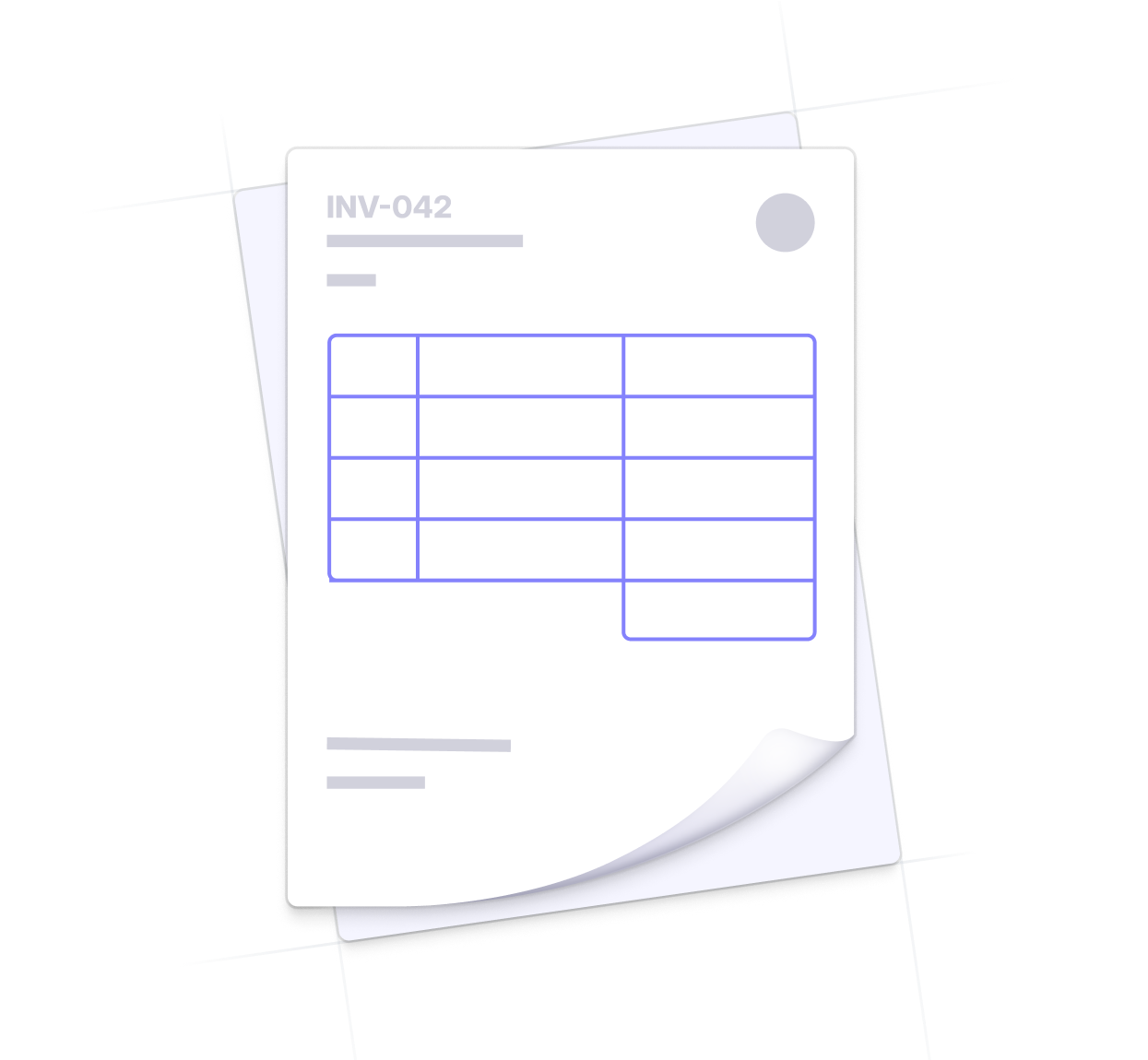 Invoice document with the identifier INV-042, featuring a table layout and a partially visible second page beneath it.