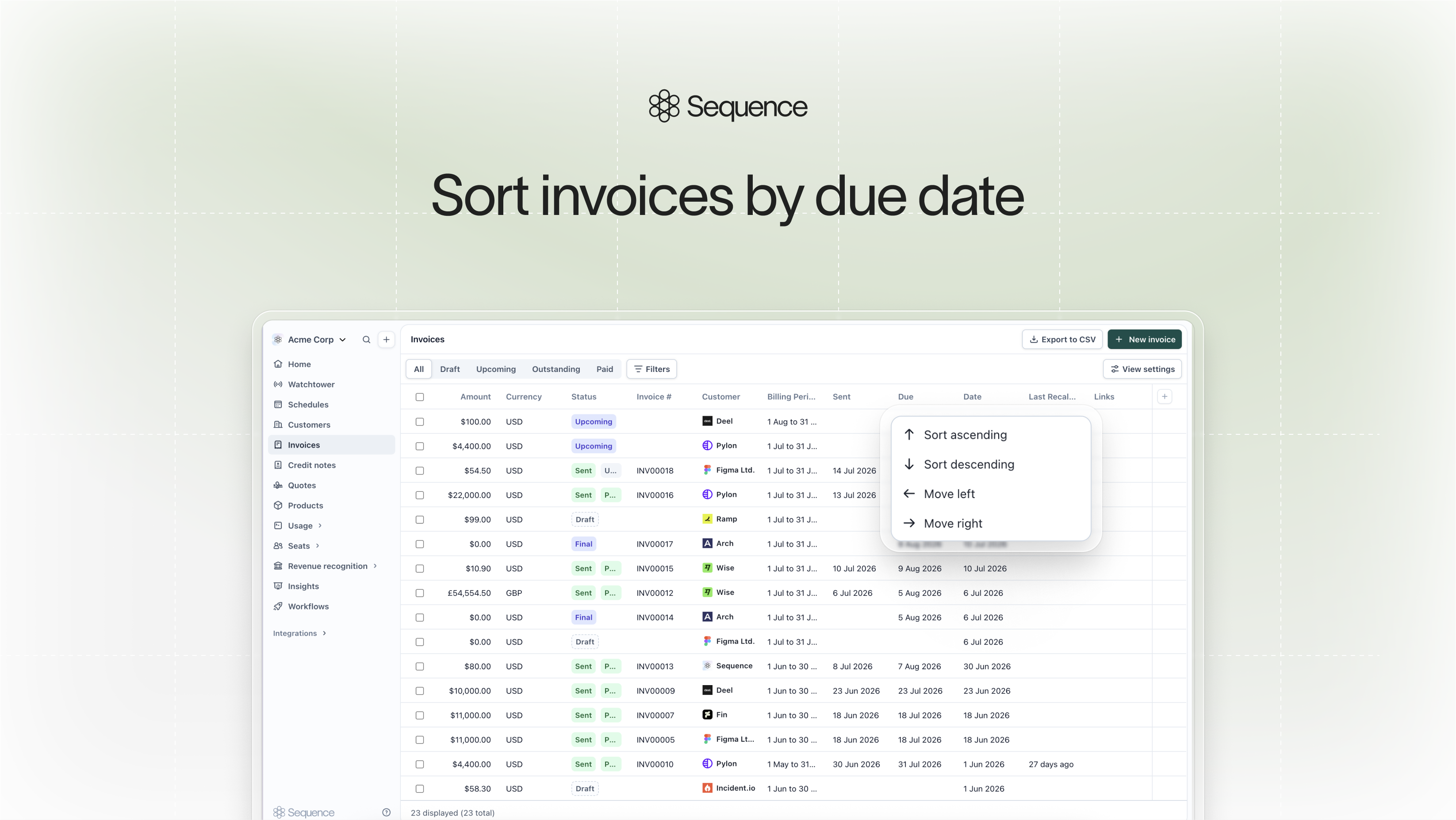 Sort invoices by due date