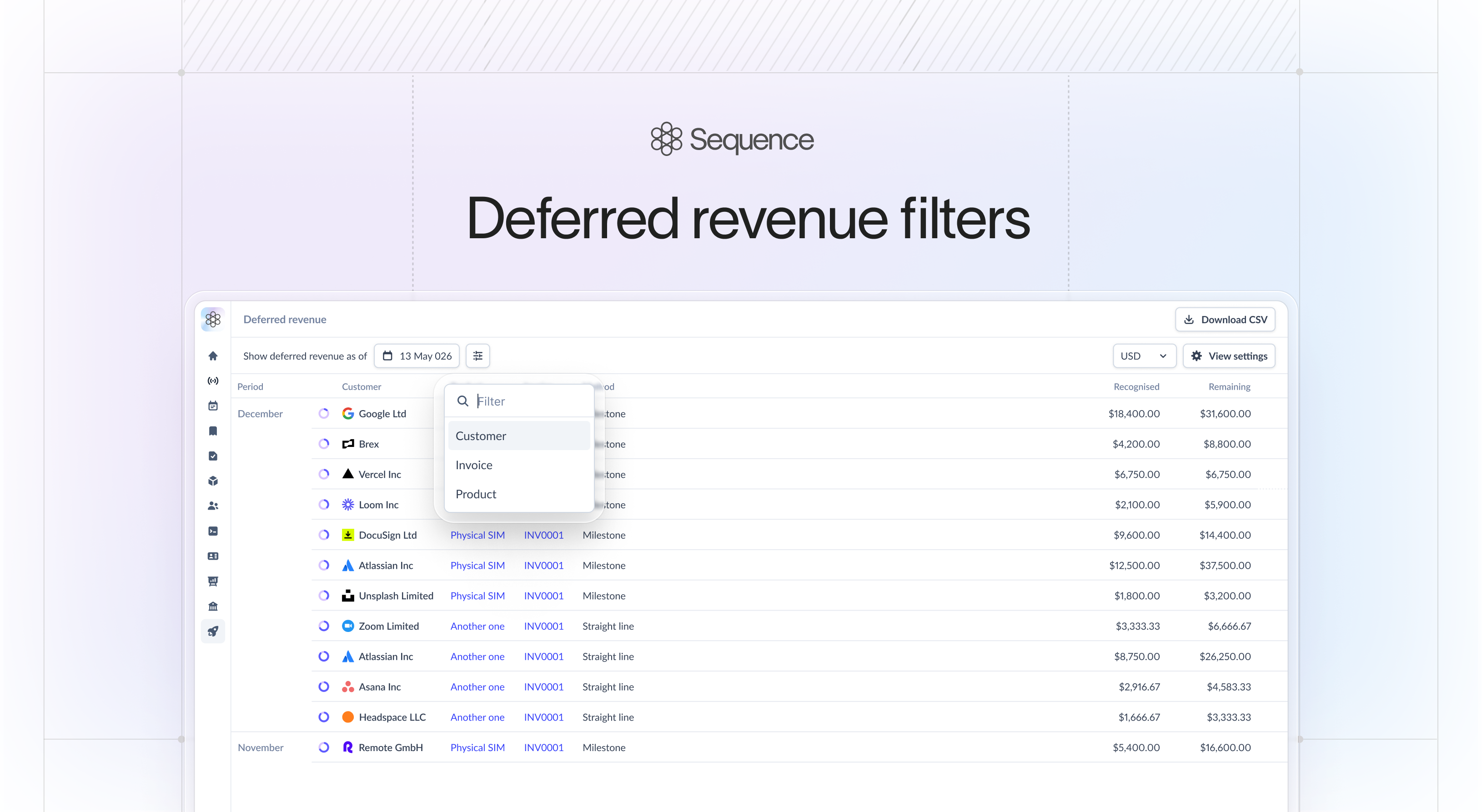 Deferred revenue filters