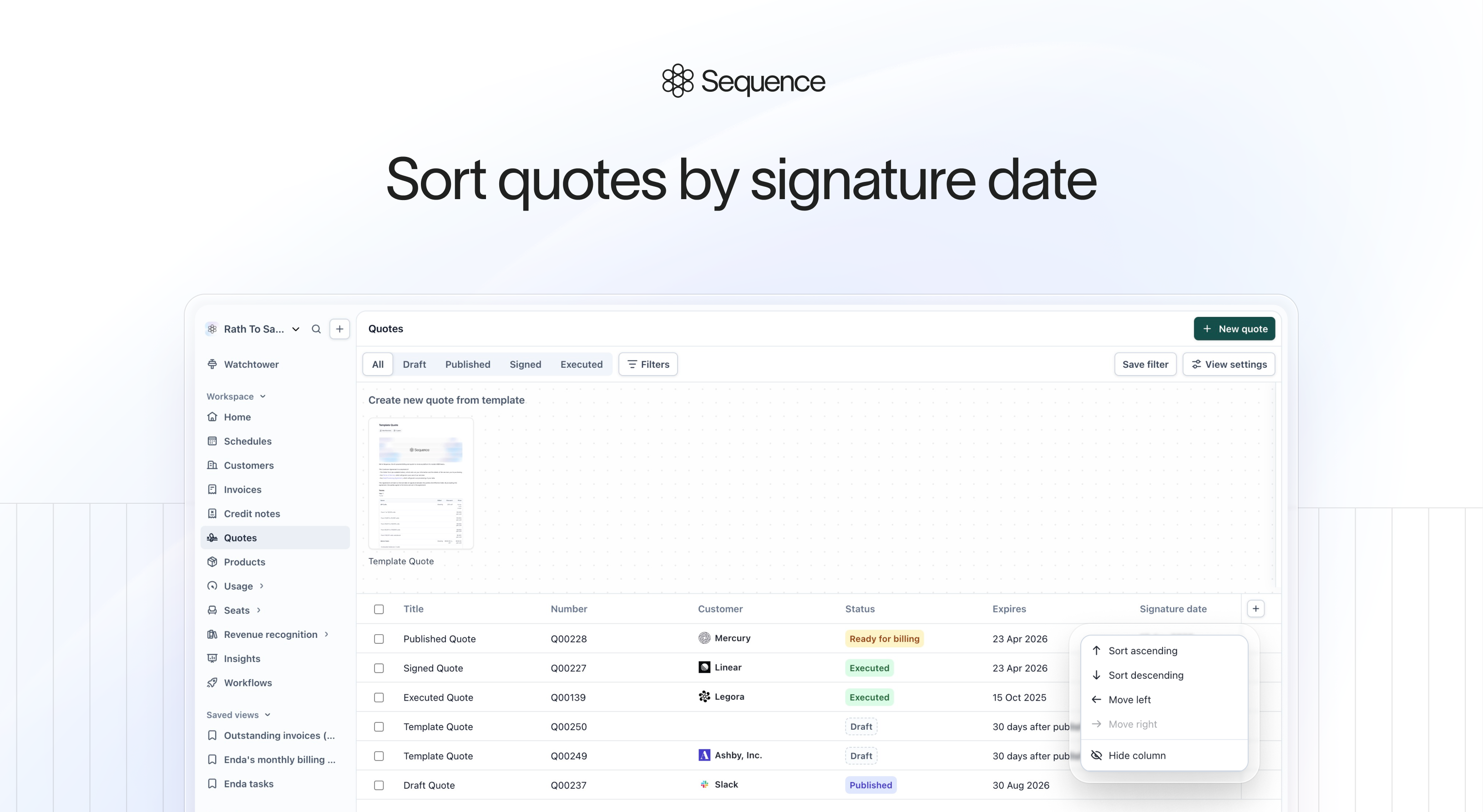 Sort quotes by signature date