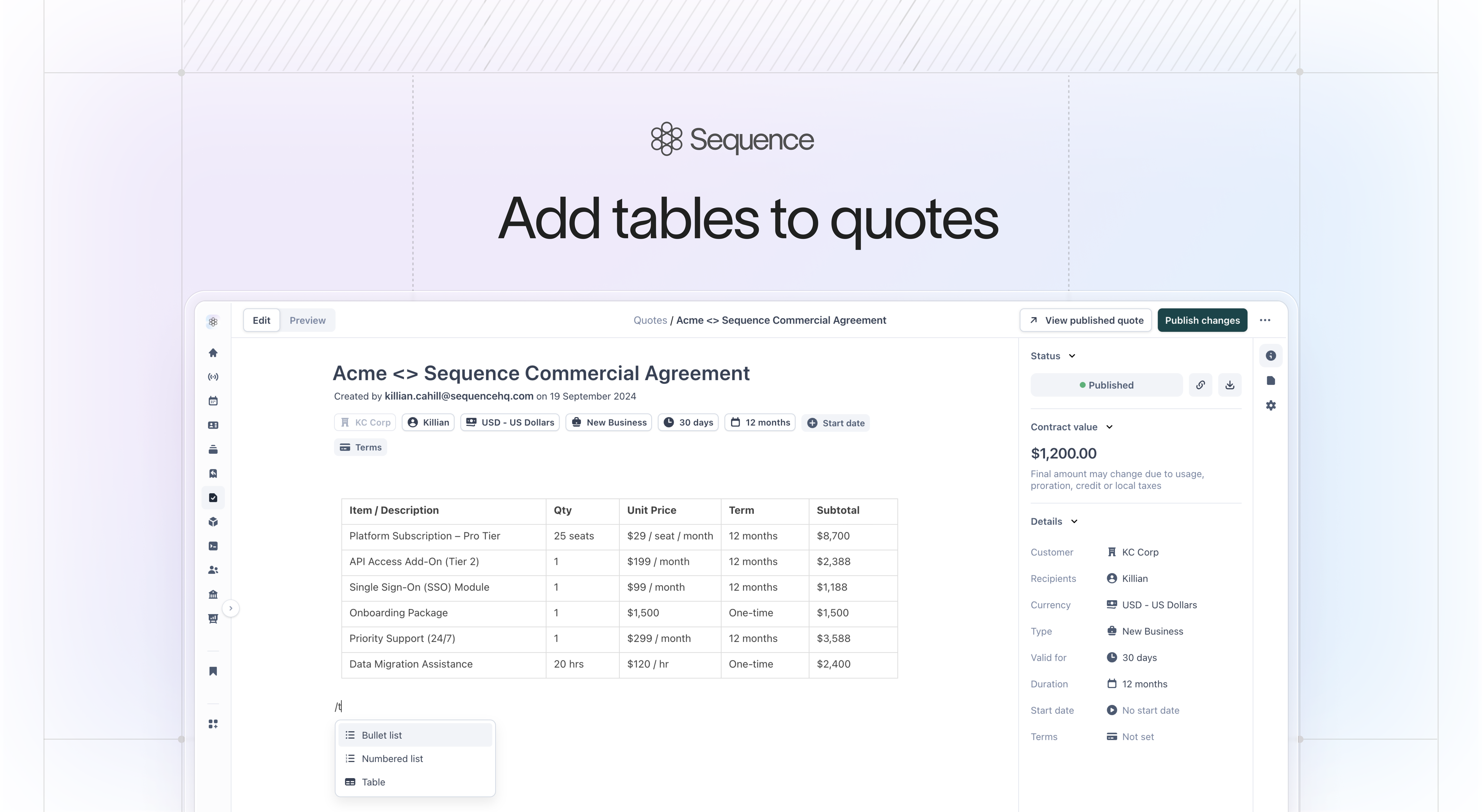 Quote tables