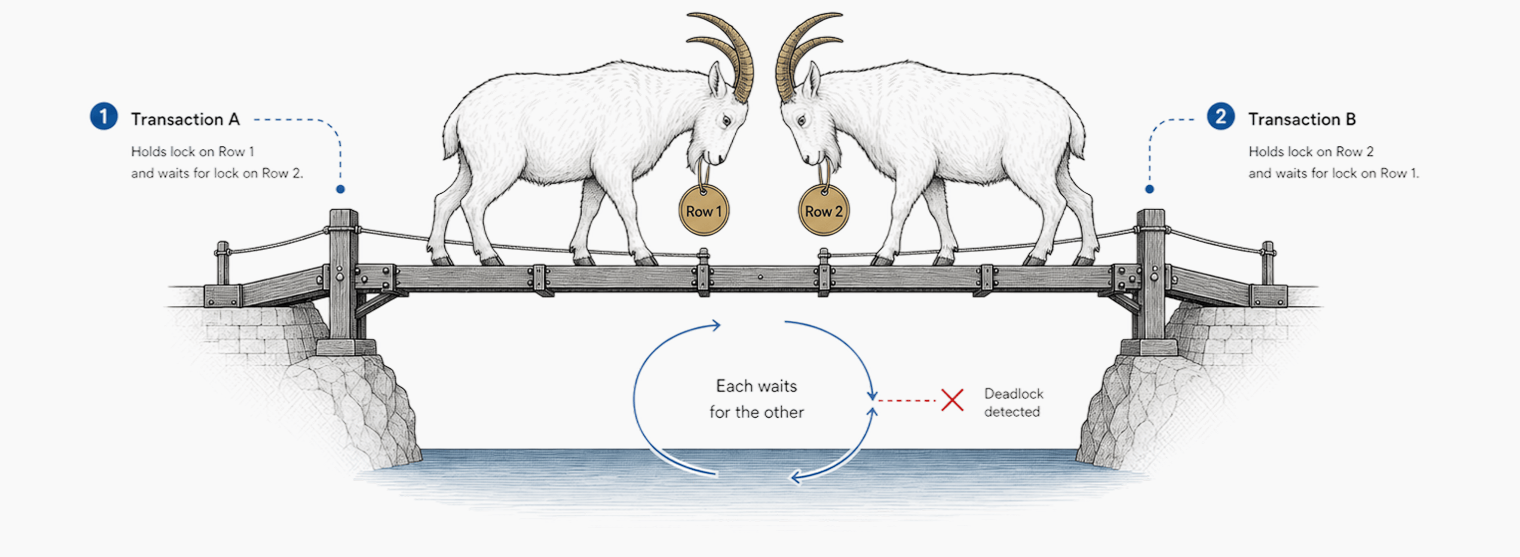 Two goats crossing a bridge
