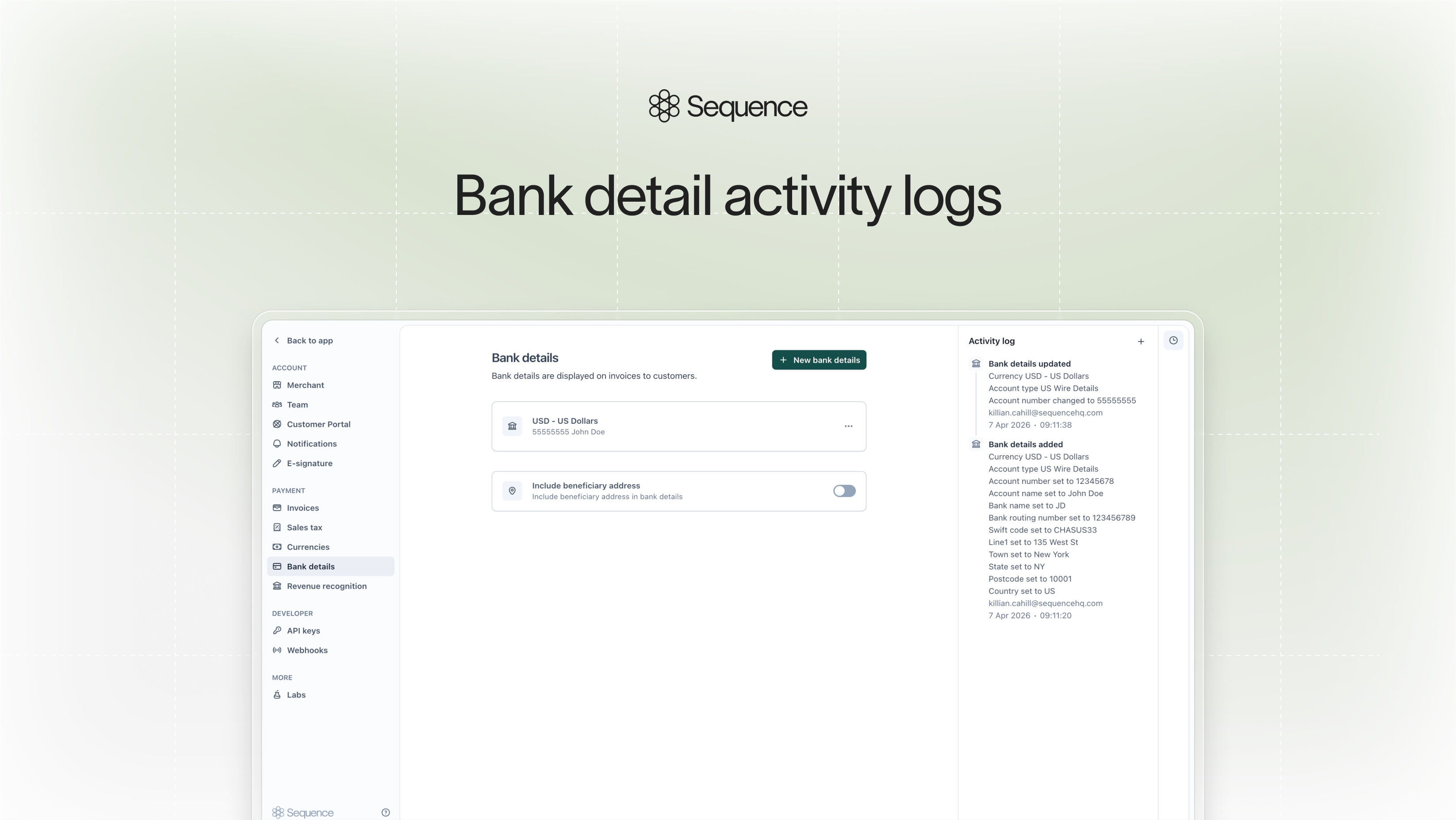 Bank detail activity logs
