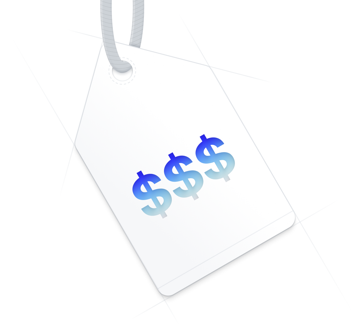 A white price tag with three dollar signs printed in a gradient blue color, hanging from a gray string.