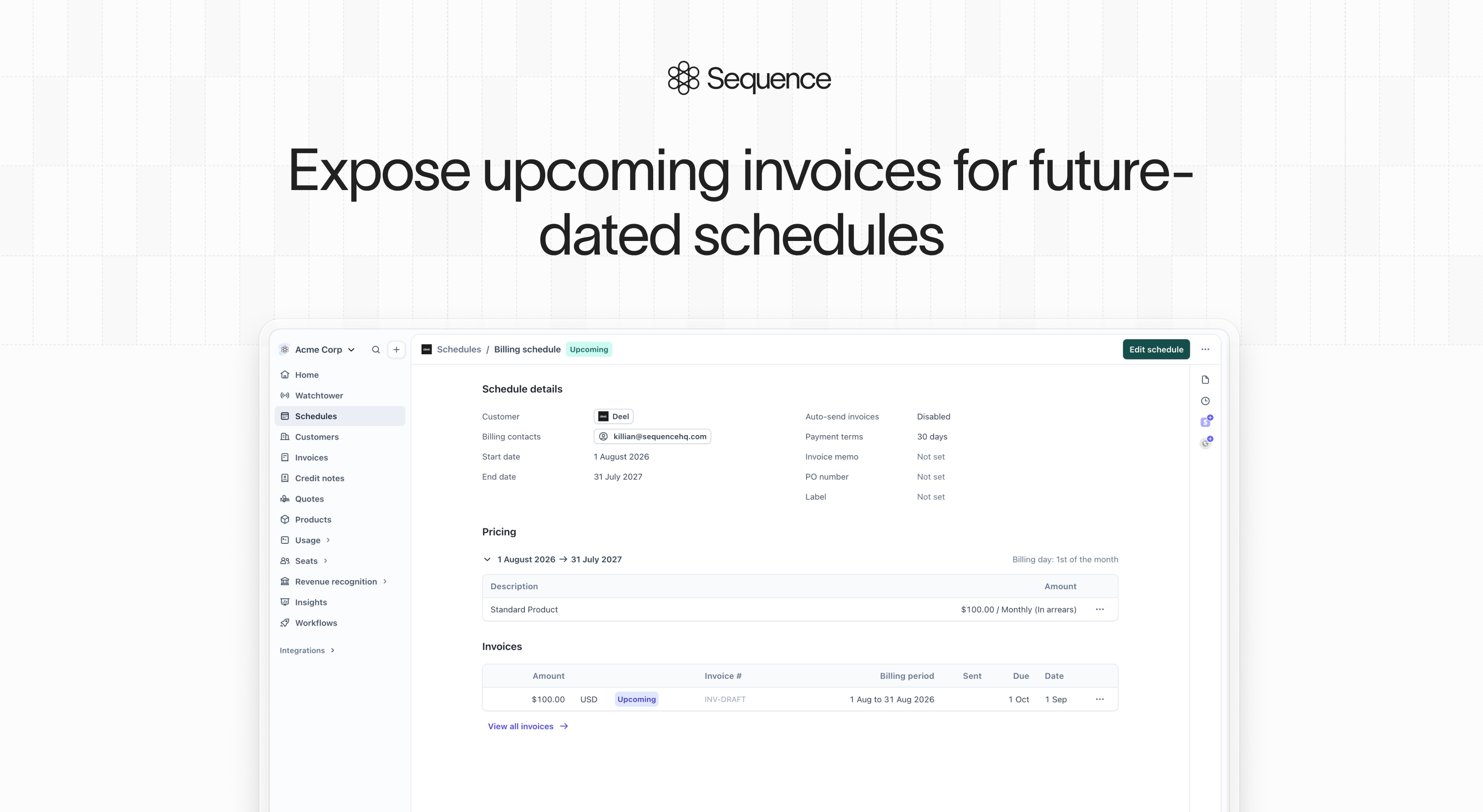 Expose upcoming invoices for future dated schedules