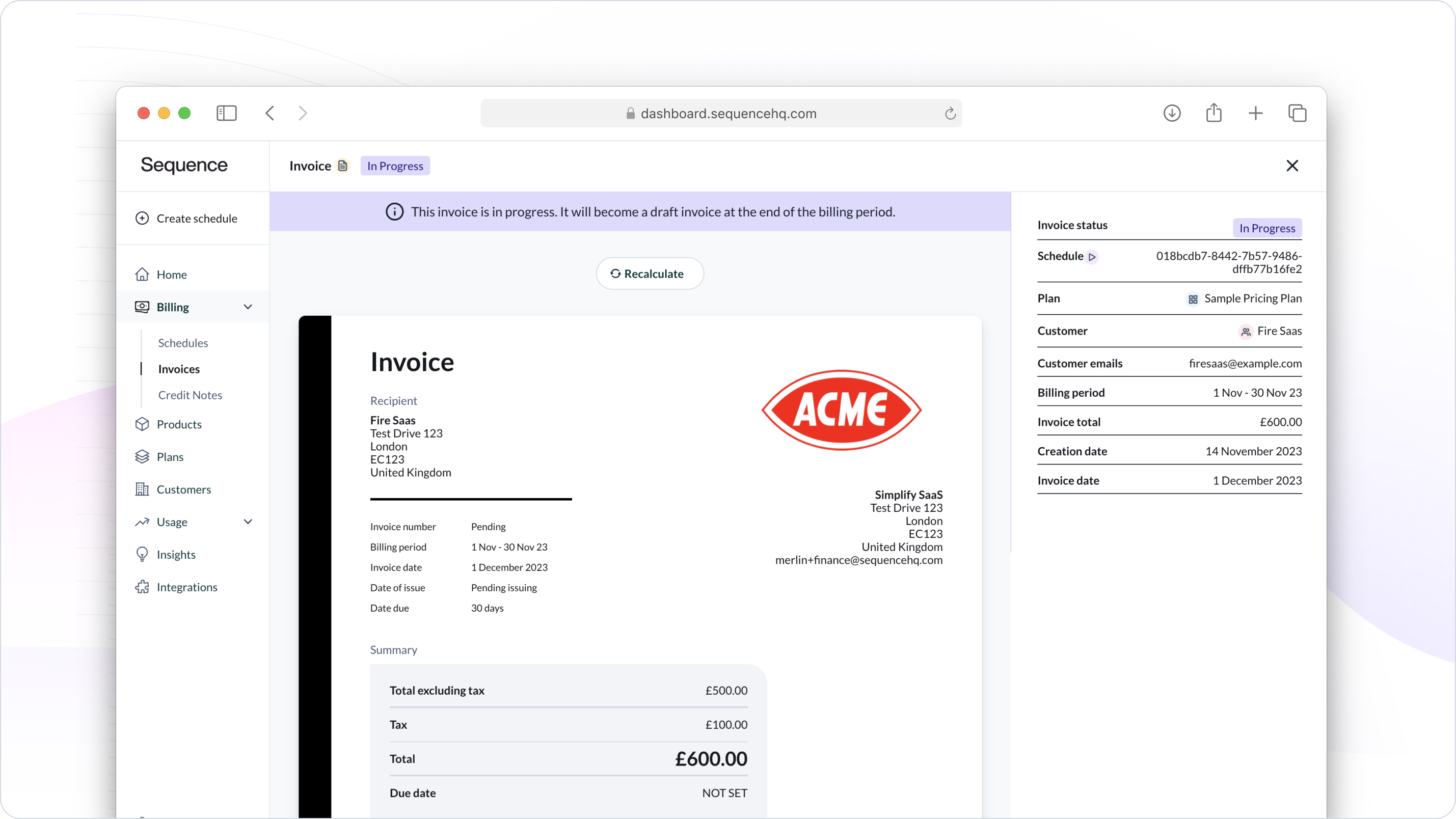 In-progress invoices