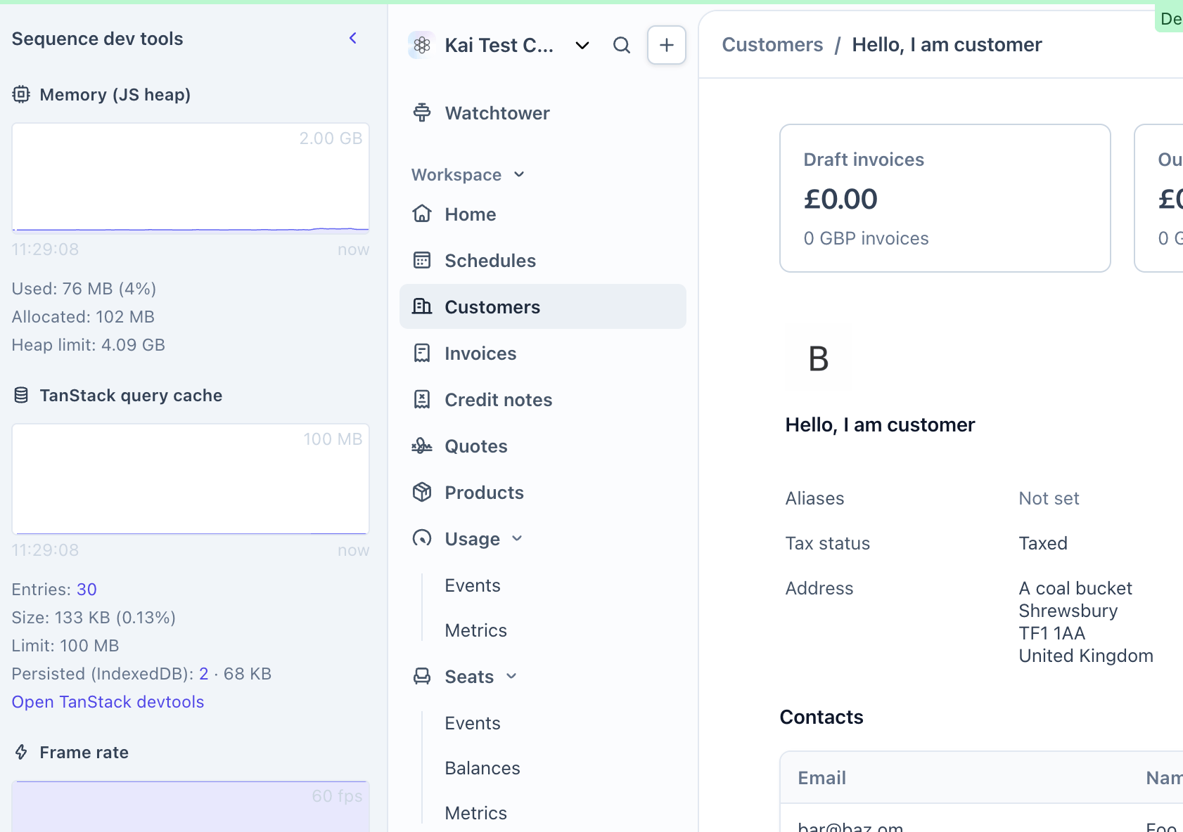 Our dev tools pane shows memory usage, query cache size, and other useful stats