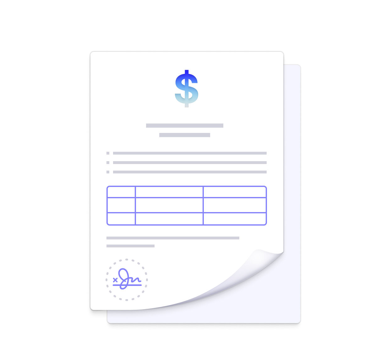 Invoice document with a dollar sign graphic at the top, featuring blank lines for information and a table for itemized entries, with a signature line at the bottom.