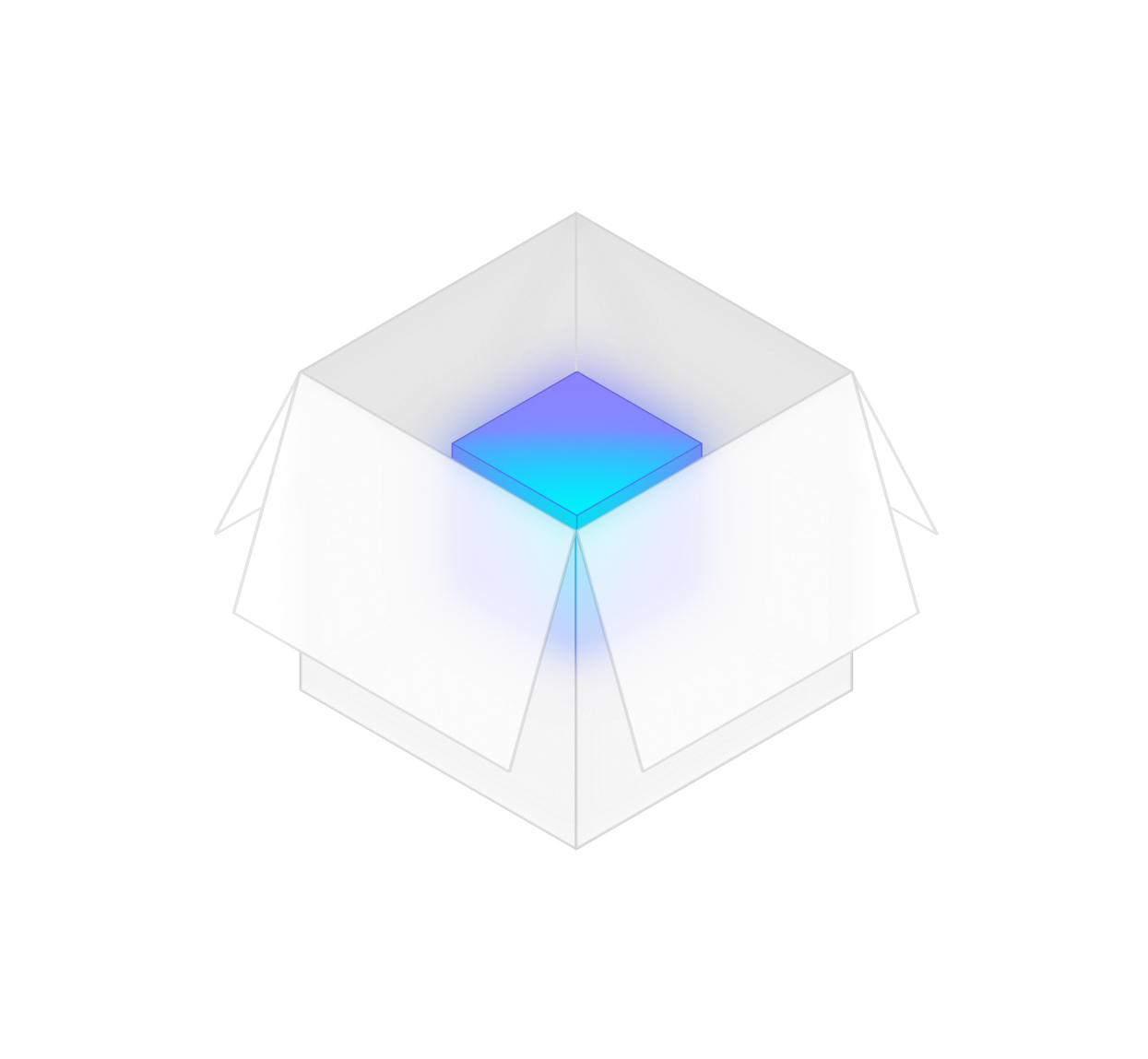 A illustration of an open, white box with flaps, containing a glowing blue cube inside.