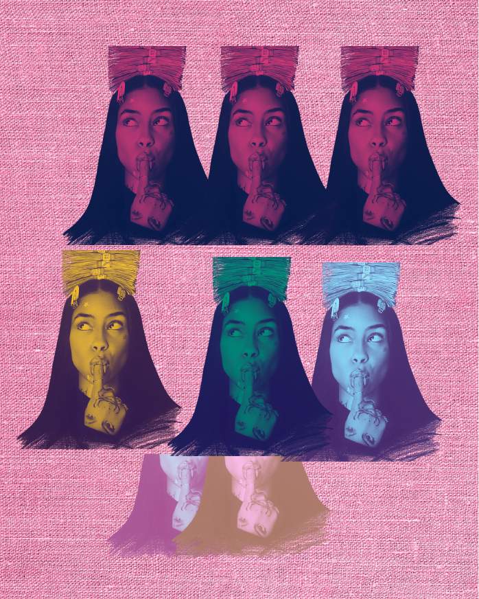 Pop — variation colorée : le même portrait répété, doigt sur la bouche, sur fond de lin rose