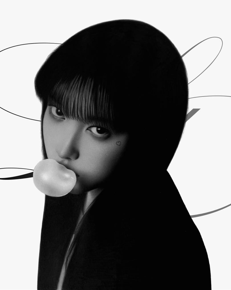 Bulle — dessin au crayon : jeune femme à la frange, une bulle de chewing-gum aux lèvres