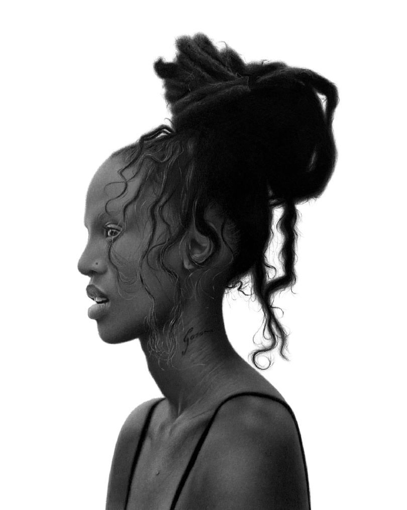Profil — dessin au crayon : femme de profil, chignon de locks, mèches libres sur le visage