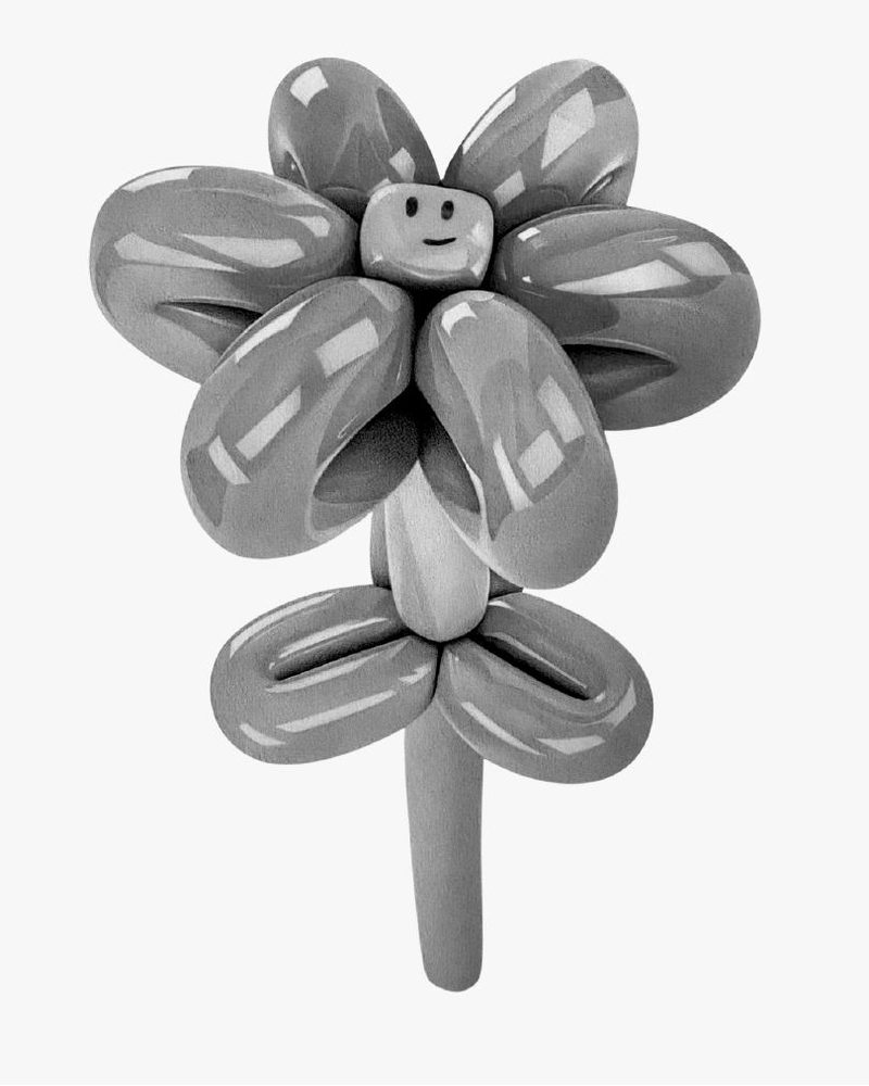 Fleur — dessin au crayon : fleur gonflée comme un ballon, au visage souriant