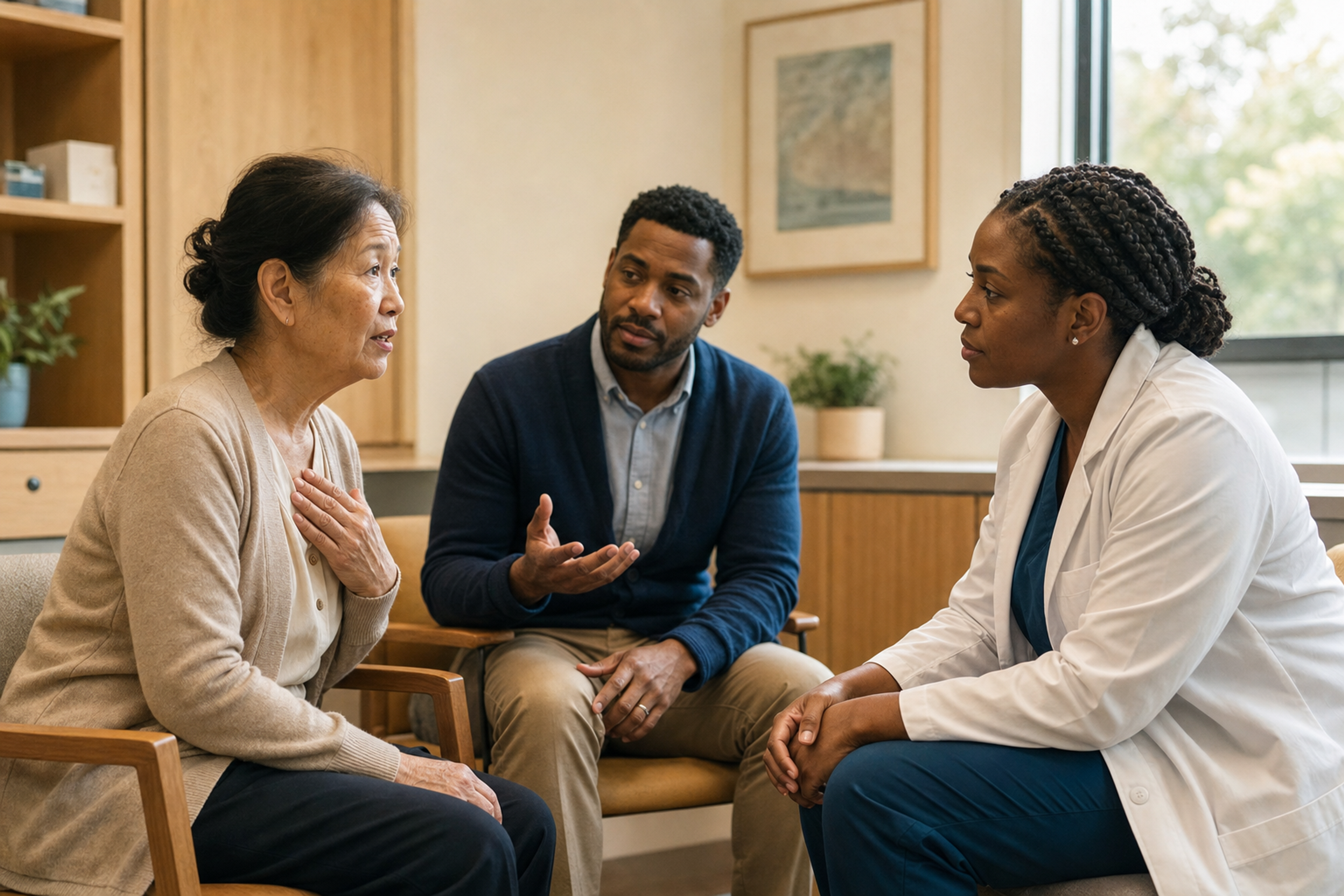 Medical interpreter helping a clinician and patient navigate cultural differences during a healthcare conversation.