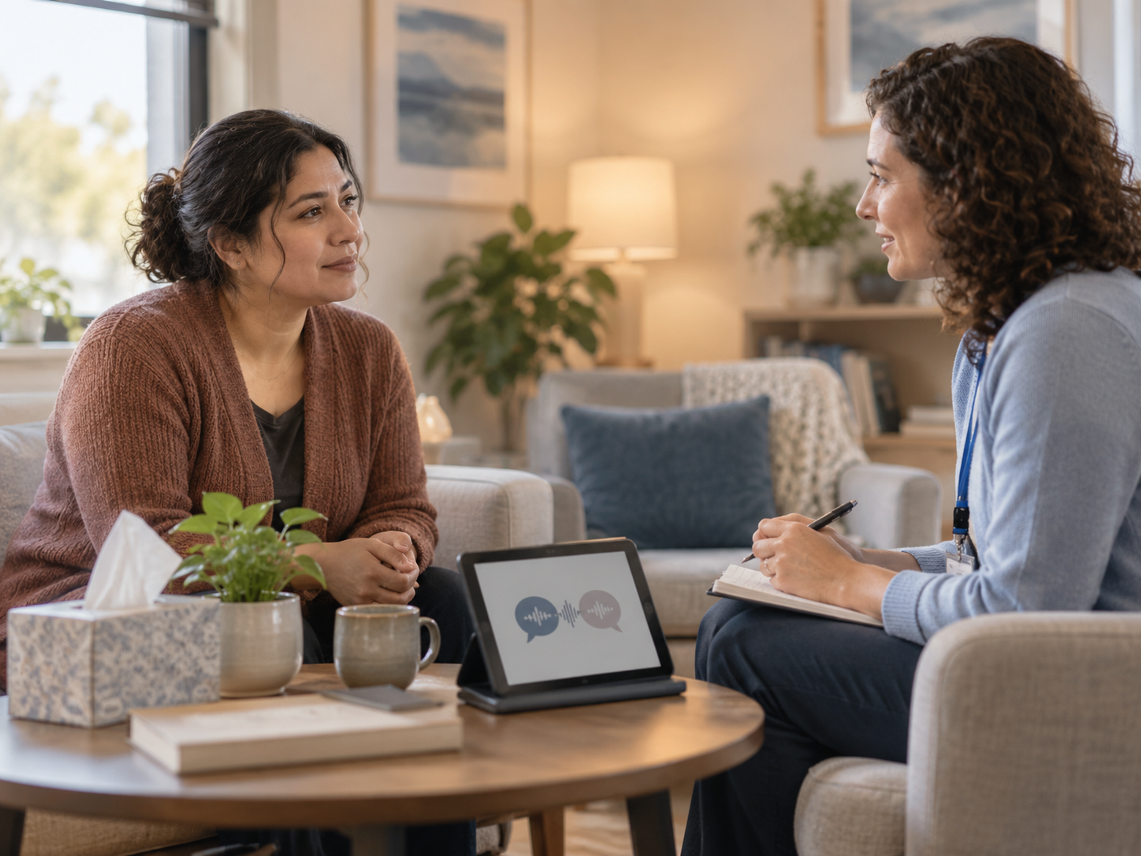 Clinician using language support during a trauma-informed behavioral health visit