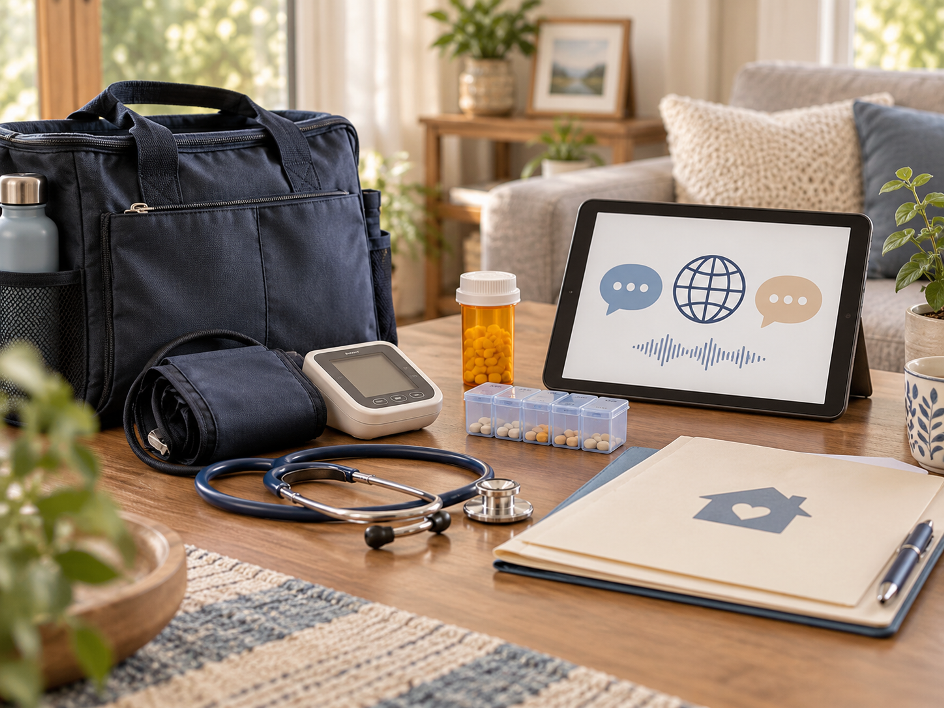 Home health aide using language support during an in-home patient visit