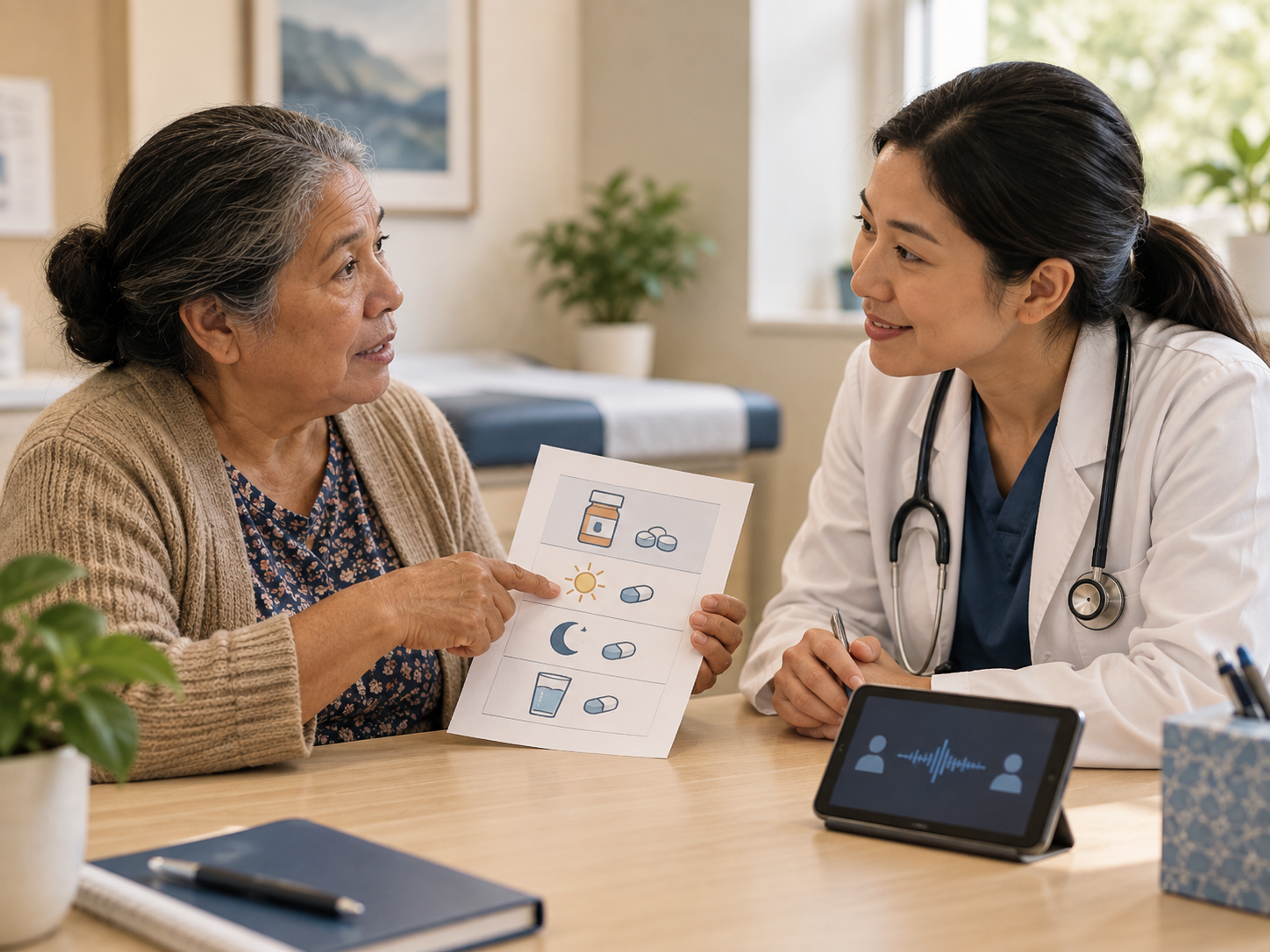 Teach-back workflow for patients with limited English proficiency showing explanation, interpretation, patient response, correction, and repeat.