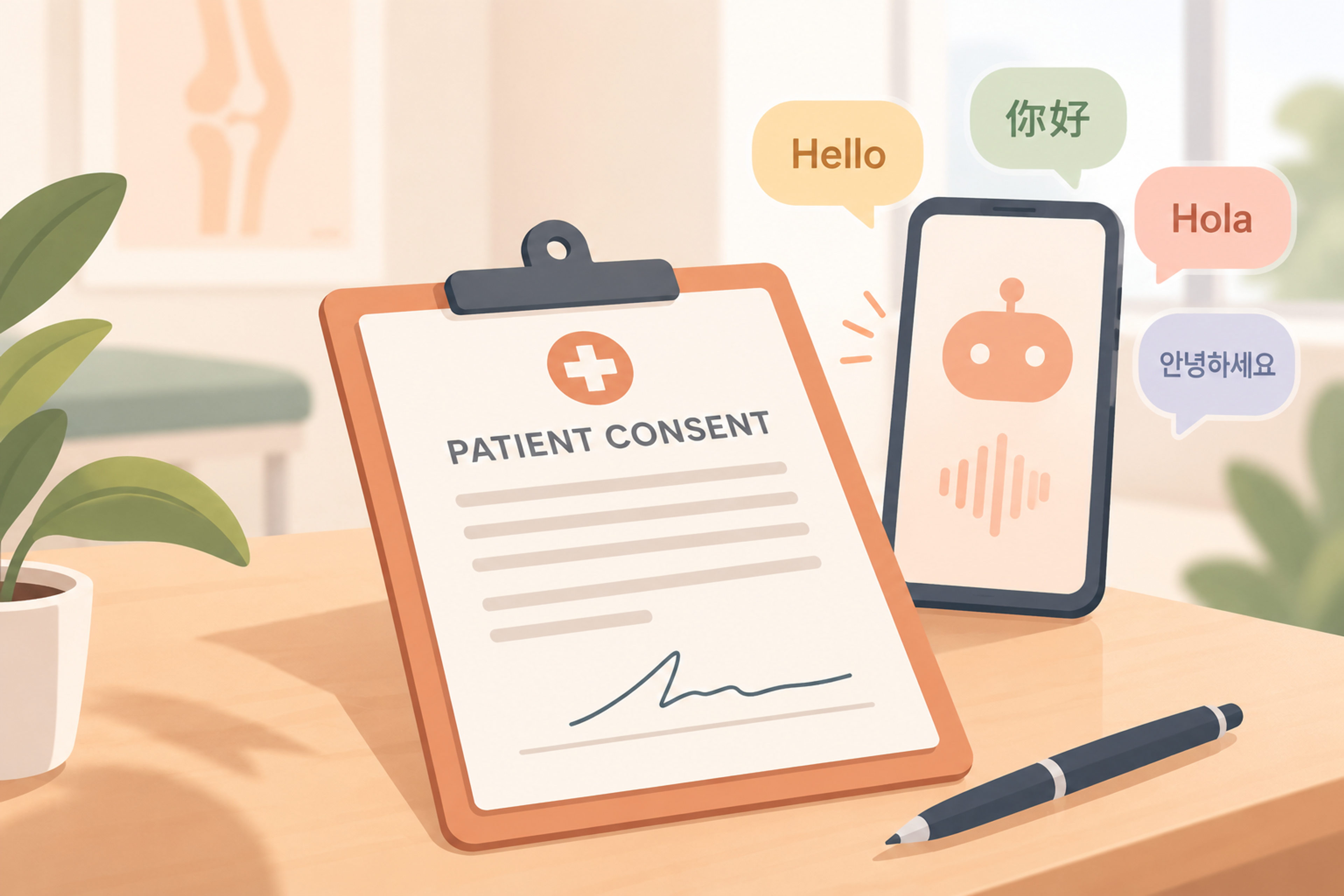 Healthcare compliance and clinical leaders reviewing an AI interpretation notice and consent policy