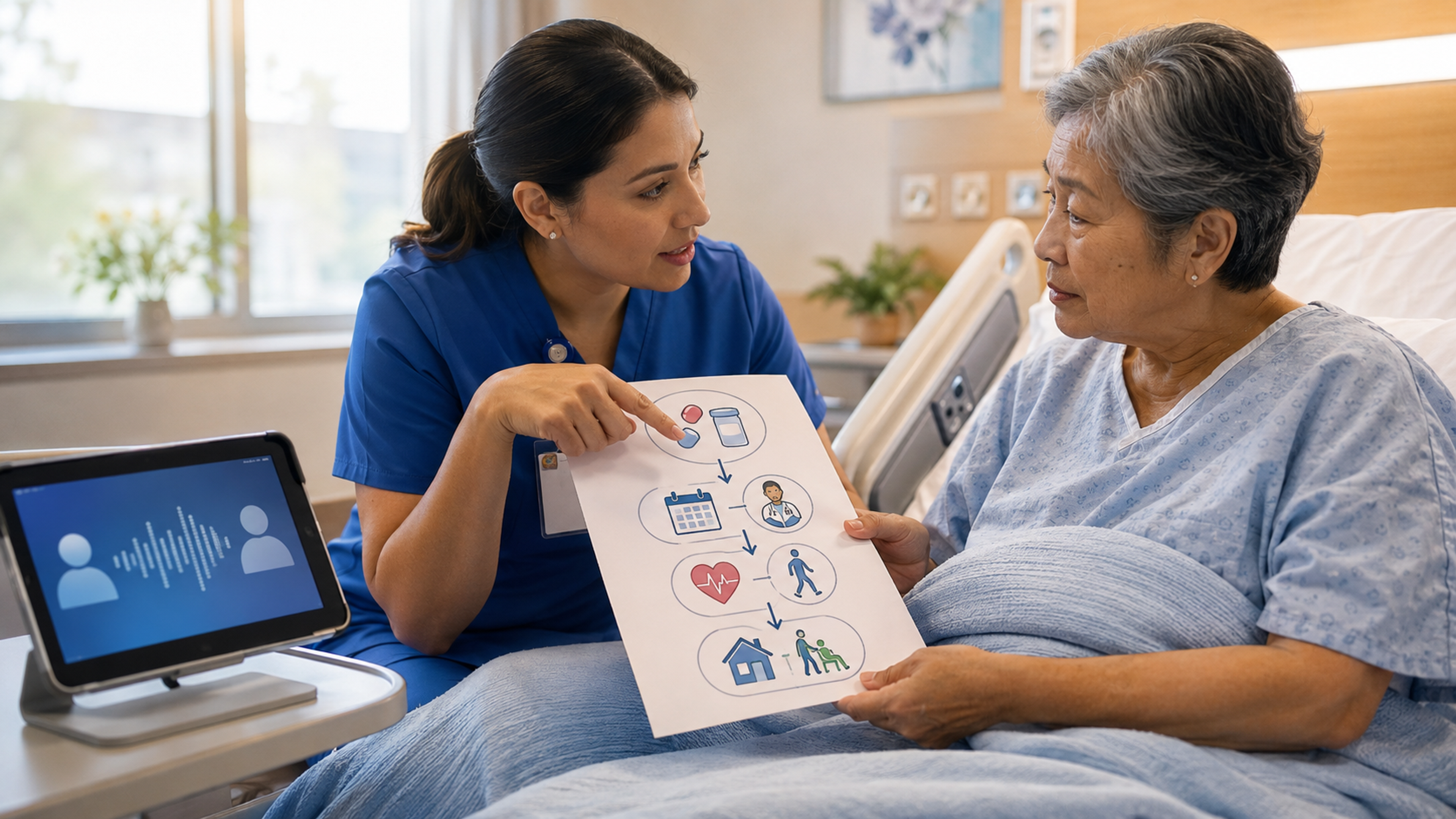 Health equity workflow for patients with limited English proficiency showing language gaps across scheduling, clinical care, discharge, handoffs, and follow-up.