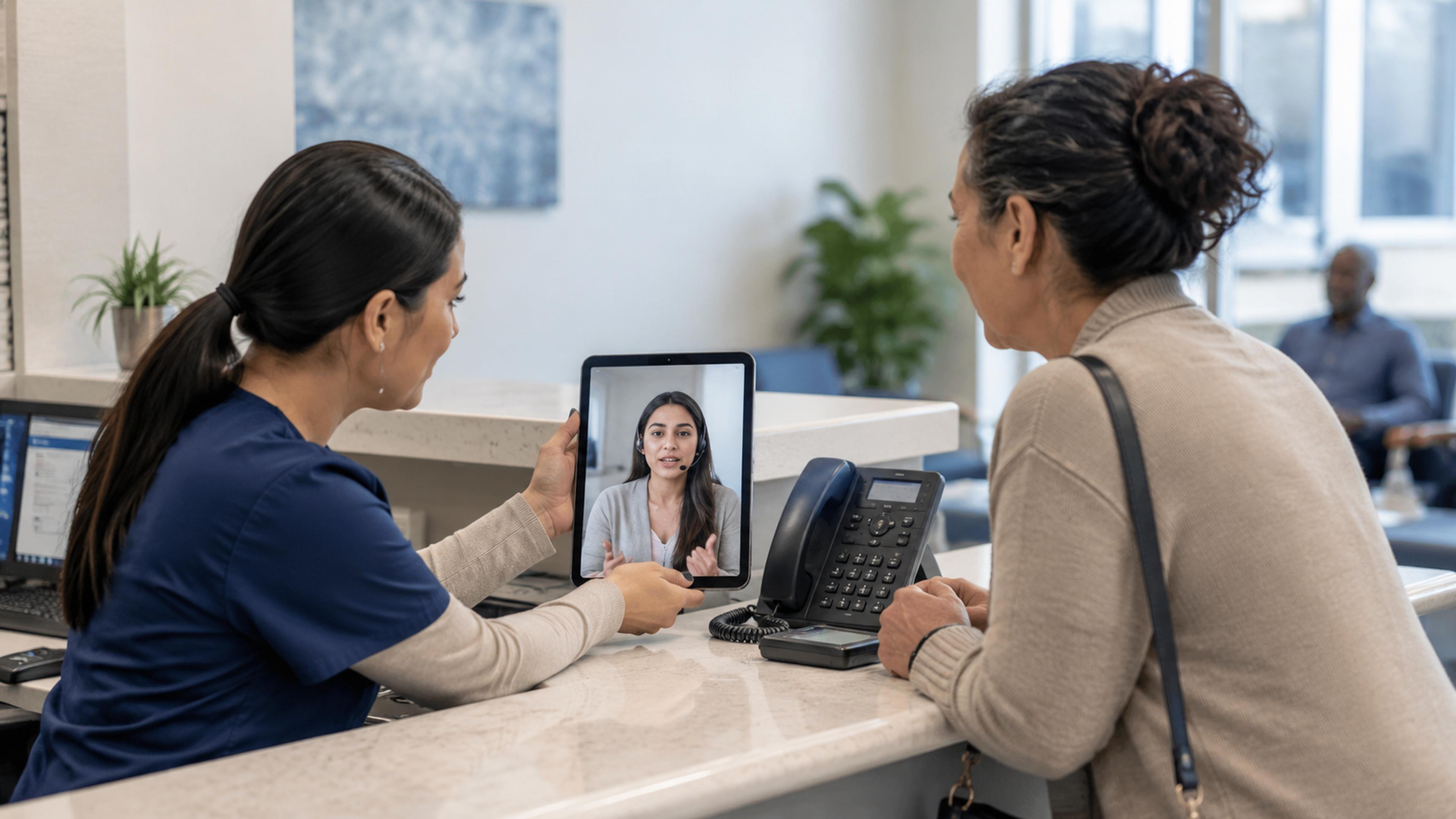 Clinic on-demand interpretation workflow comparing OPI, VRI, and AI across speed, devices, patient needs, and fallback options.