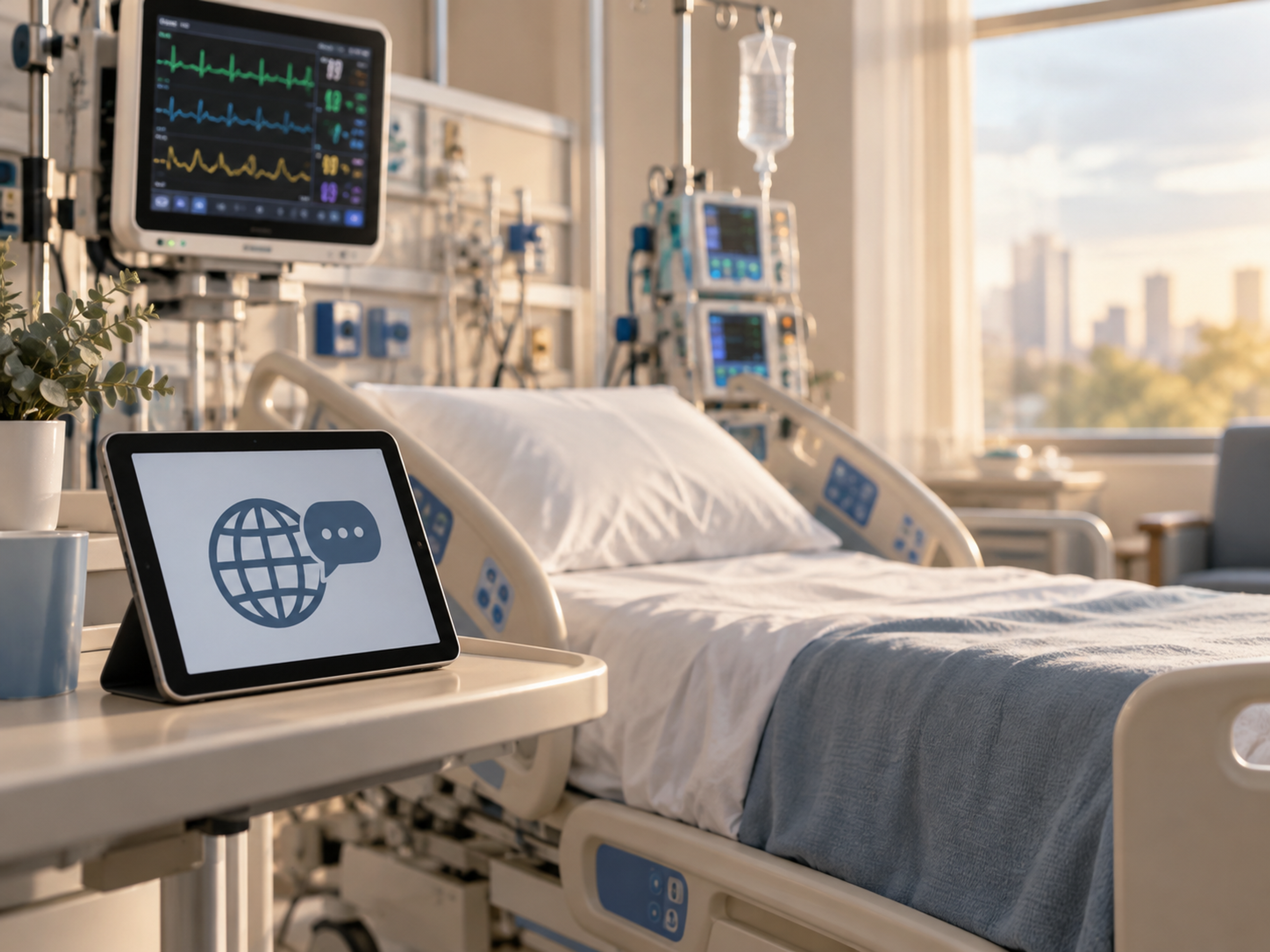 ICU language-access workflow covering patient capacity, bedside communication, rounds, family updates, procedures, shift handoff, and transfer.