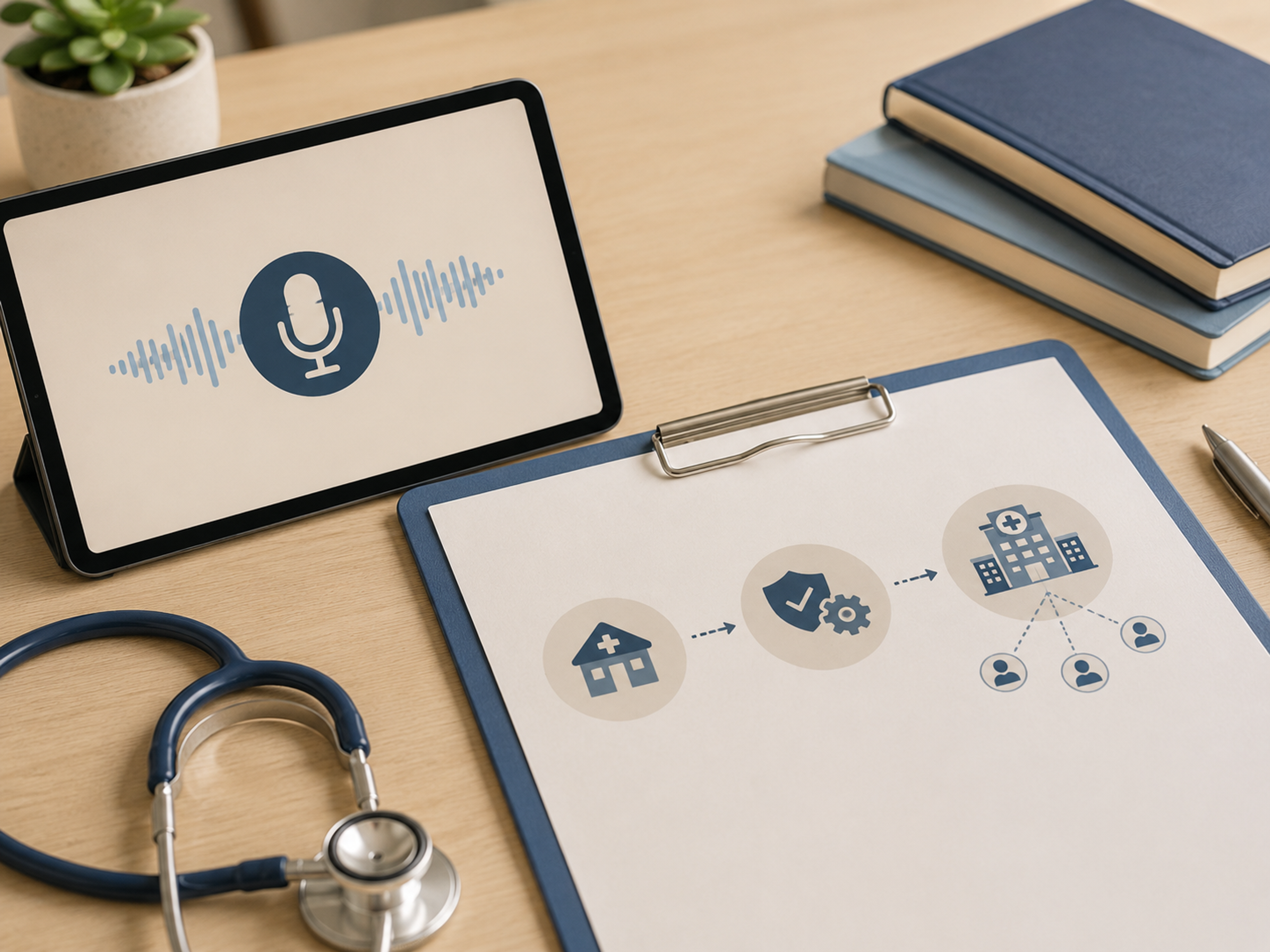 Healthcare team planning a 90-day AI medical interpretation rollout with pilot metrics, devices, training, and expansion stages.