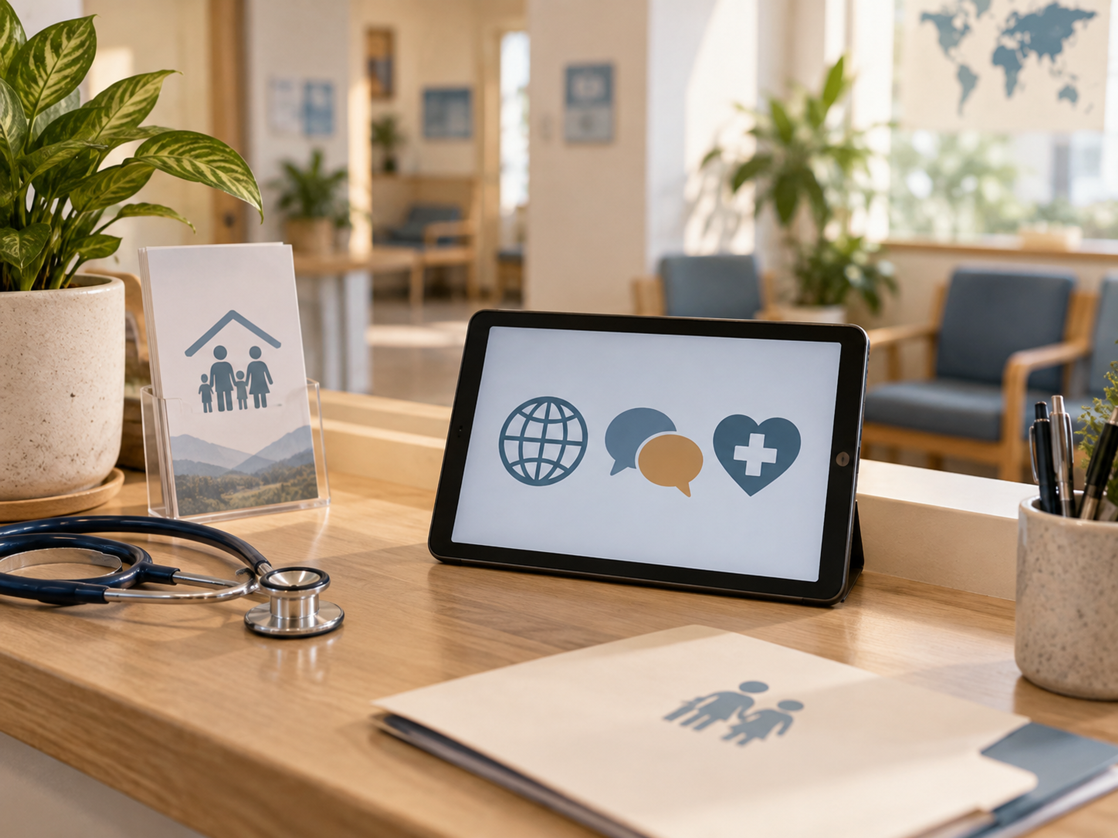 Migrant health center clinician using multilingual language access during a farmworker patient visit