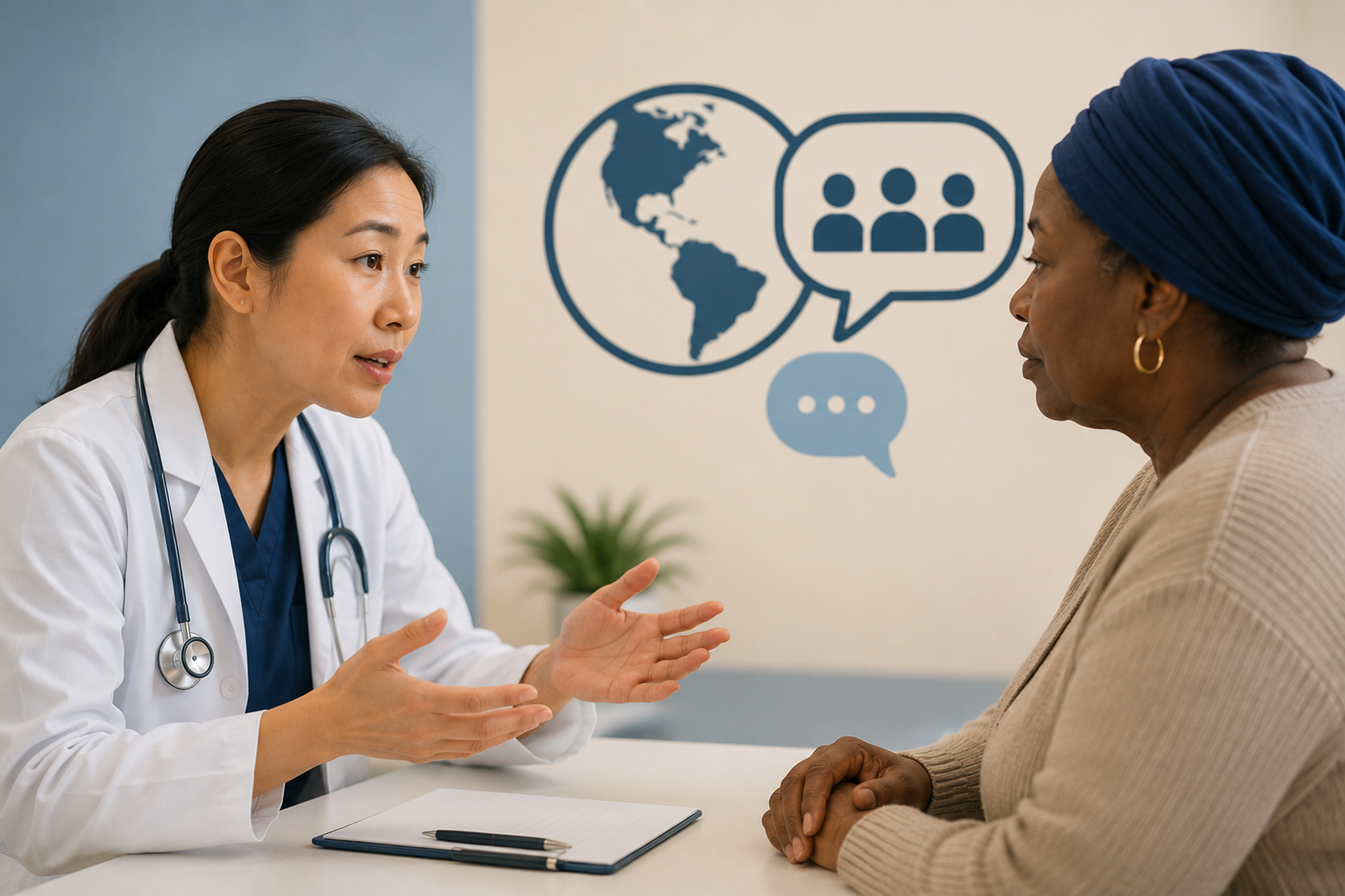 Rare-language interpreter workflow showing language identification, routing, connection time, dialect fit, clinical interpretation, and follow-up.