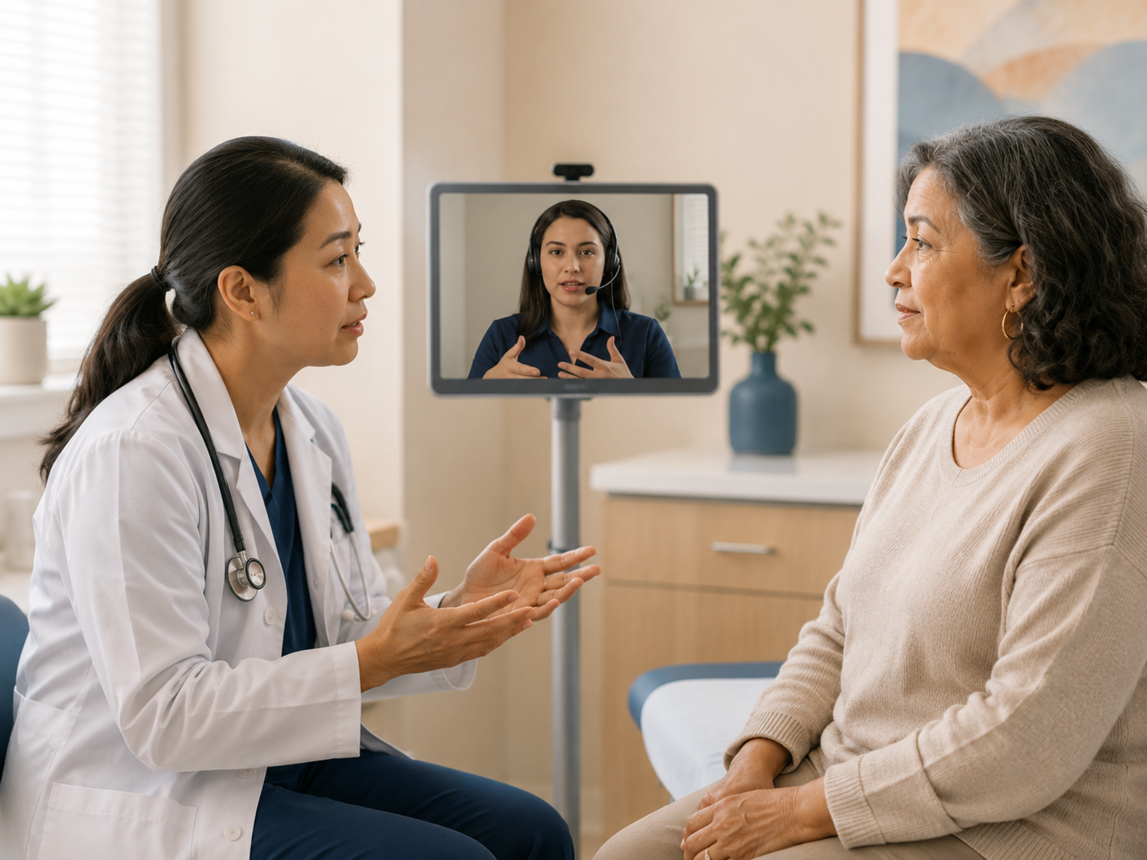 Healthcare qualified-interpreter framework showing language need, interpreter competence, bilingual staff, family involvement, modality choice, and escalation.
