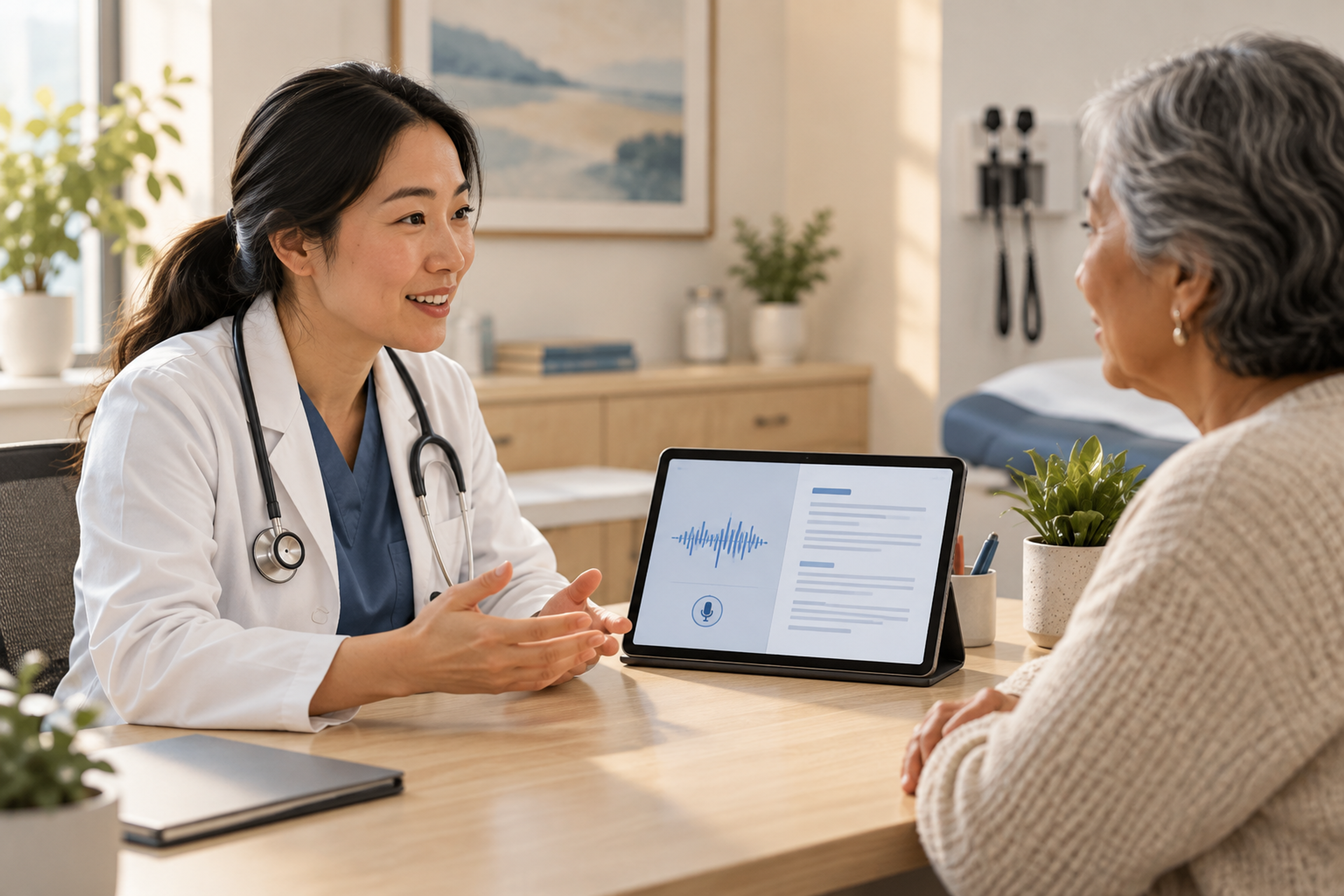 Multilingual AI scribe workflow showing multiple spoken languages converted into a clinical note and patient-facing summary.